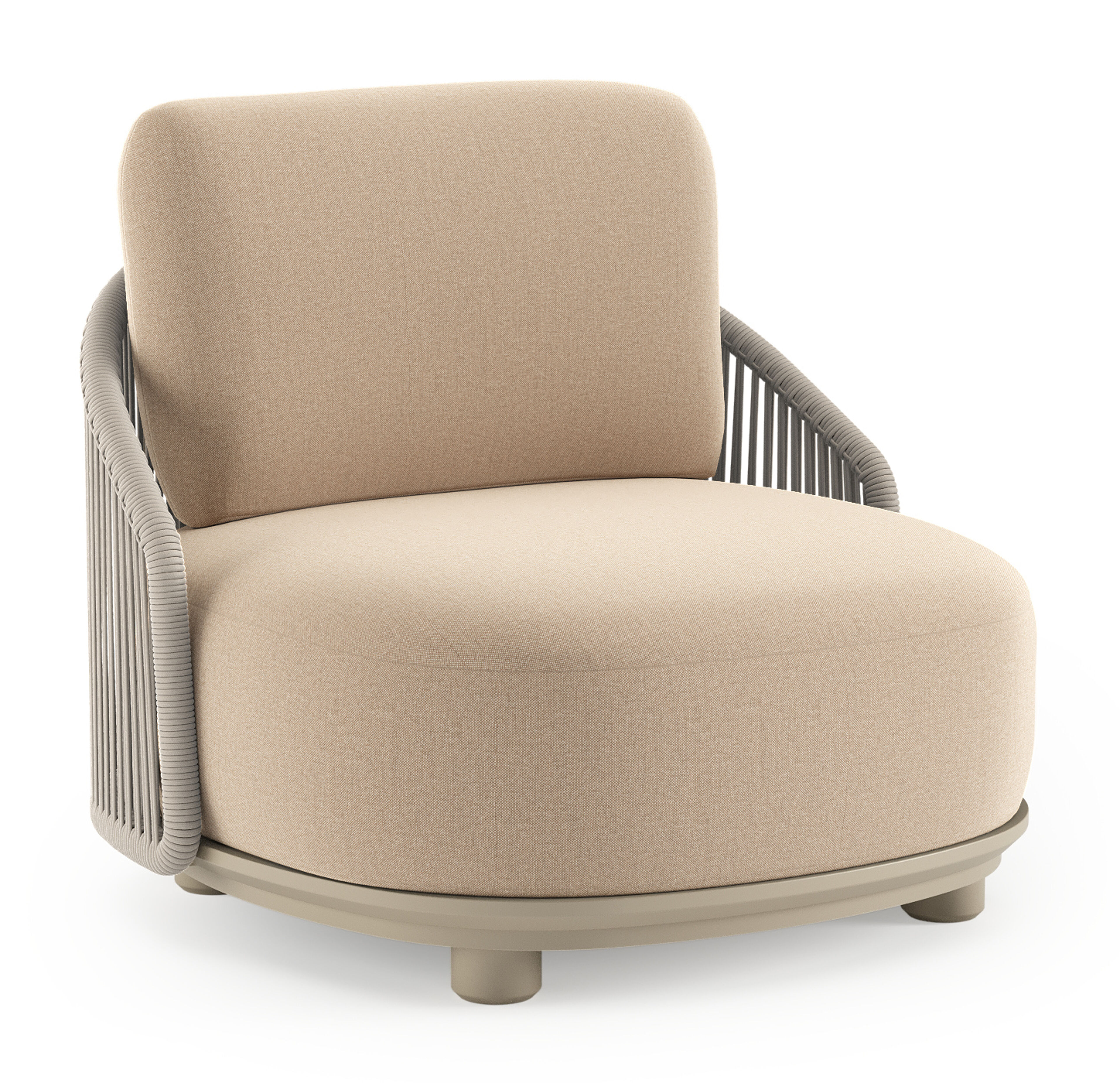 Fauteuil de jardin Vadelo en aluminium beige et corde ronde tissée verticalement beige et coussins en all weather sunbrella® luxe natte heather beige