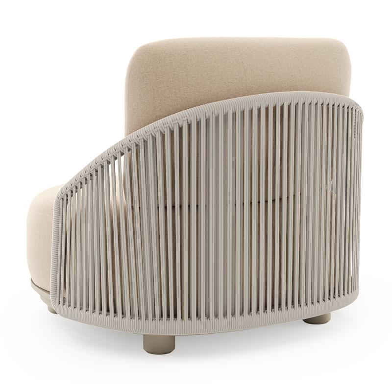 Vadelo loungestoel in beige aluminium en beige verticaal geweven ronde rope met natte heather beige all weather sunbrella® luxe kussen
