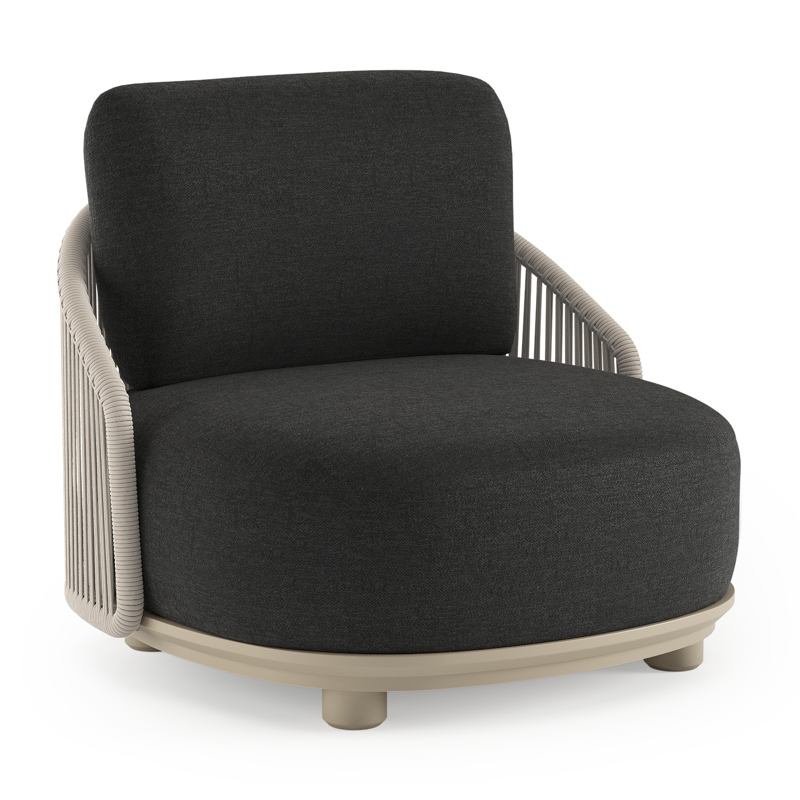 Vadelo loungestoel in beige aluminium en beige verticaal geweven ronde rope met chartres sooty all weather sunbrella® luxe kussen
