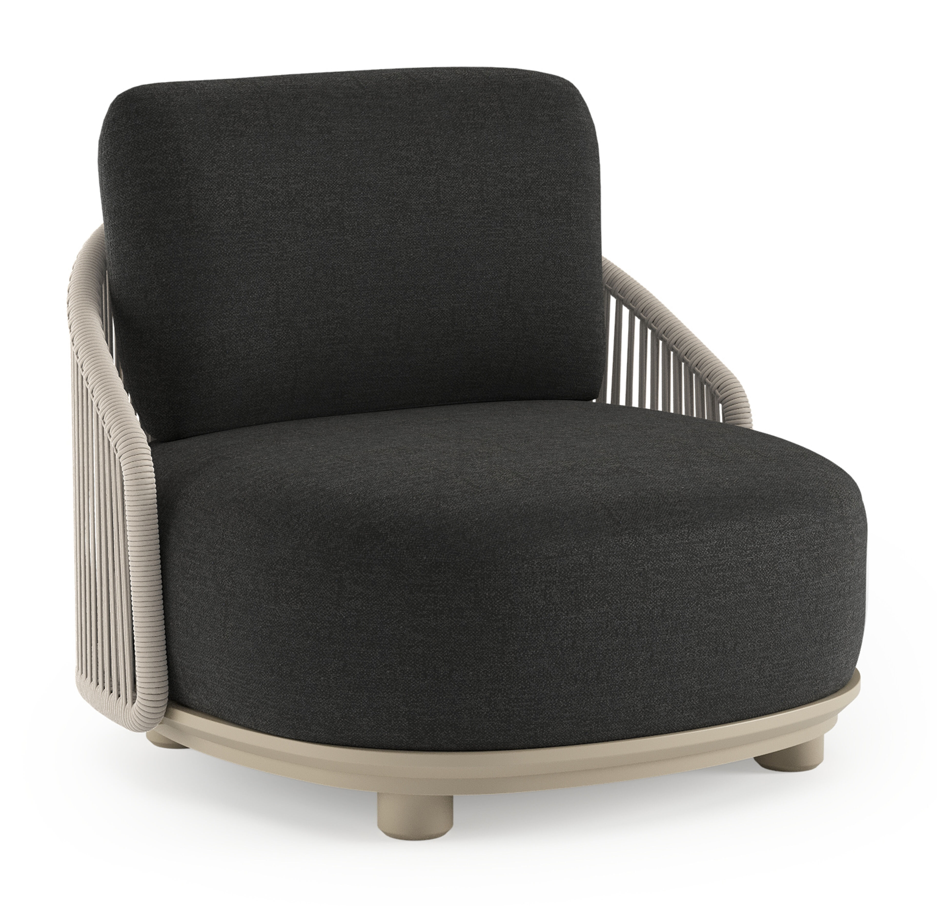 Vadelo loungestoel in beige aluminium en beige verticaal geweven ronde rope met chartres sooty all weather sunbrella® luxe kussen