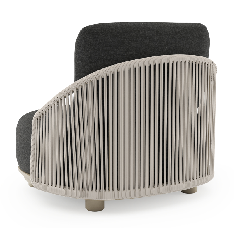 Vadelo loungestoel in beige aluminium en beige verticaal geweven ronde rope met chartres sooty all weather sunbrella® luxe kussen