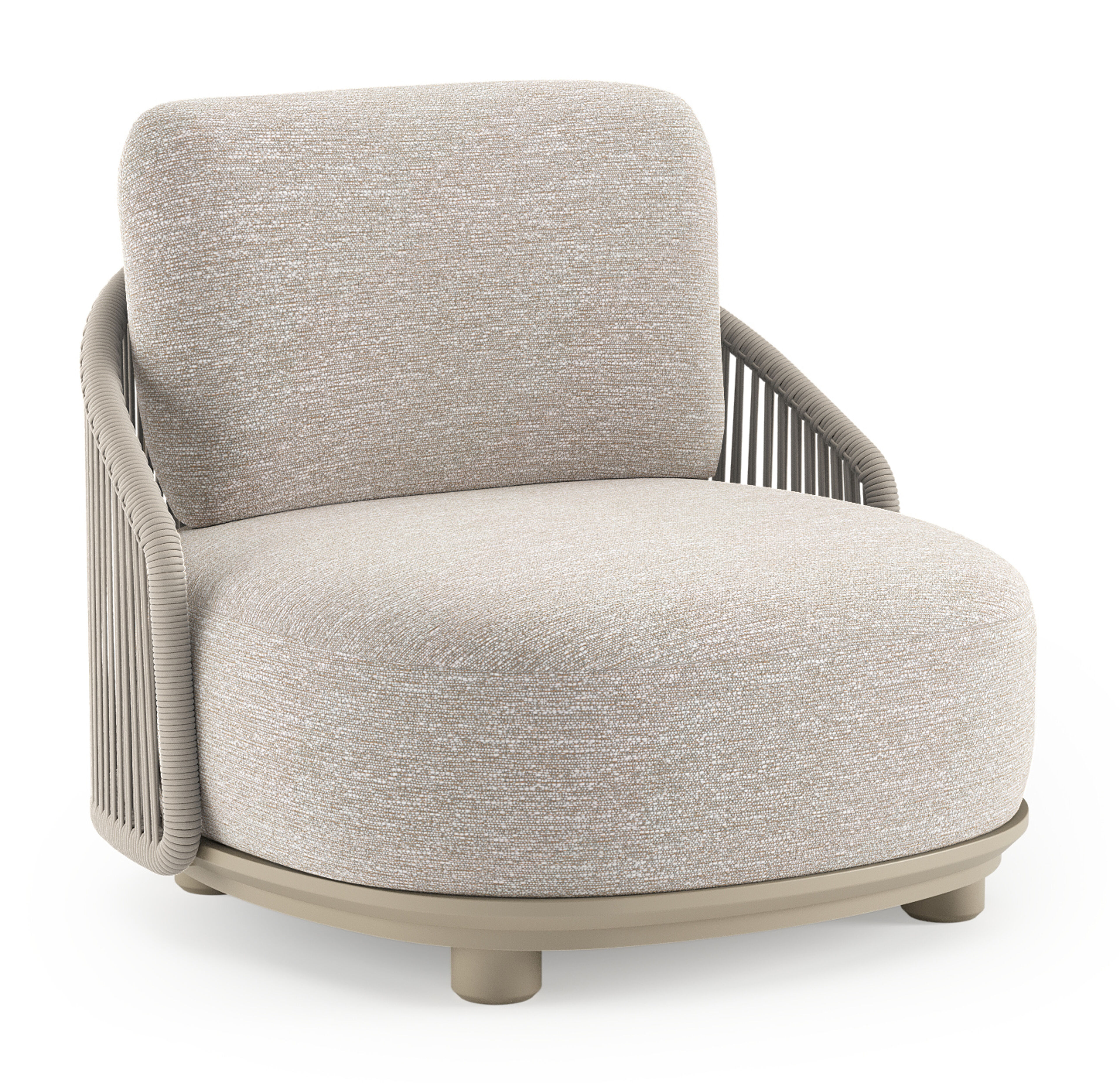 Fauteuil de jardin Vadelo en aluminium beige et corde ronde tissée verticalement beige et coussins en all weather sunbrella® luxe tundra sand