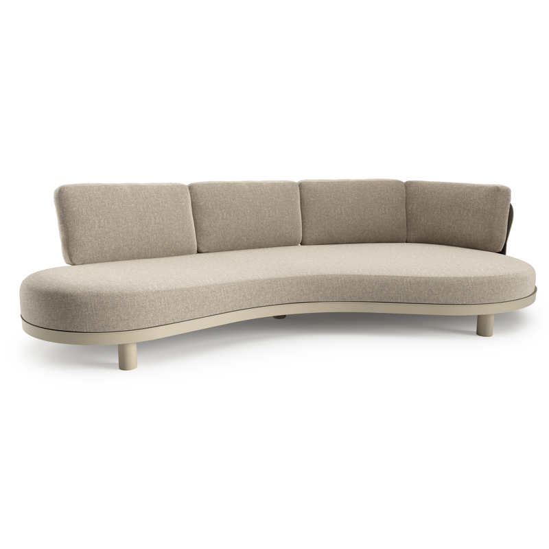 Canapé de jardin Donato en aluminium beige et coussins en all weather sunbrella® luxe chartres pewter