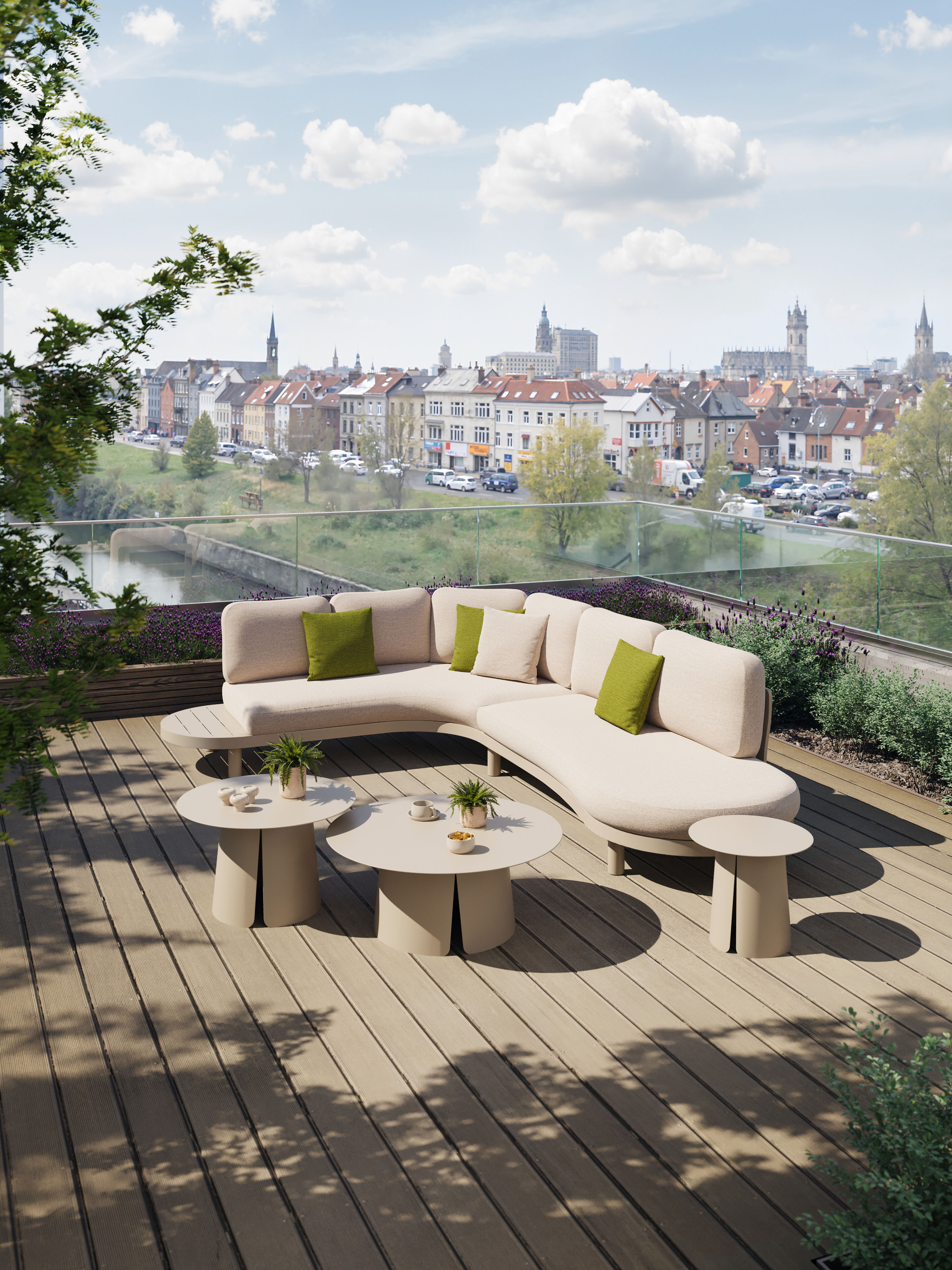 Salon de jardin d'angle Palma en aluminium beige et coussins en weather+ softtouch rustic et table basse