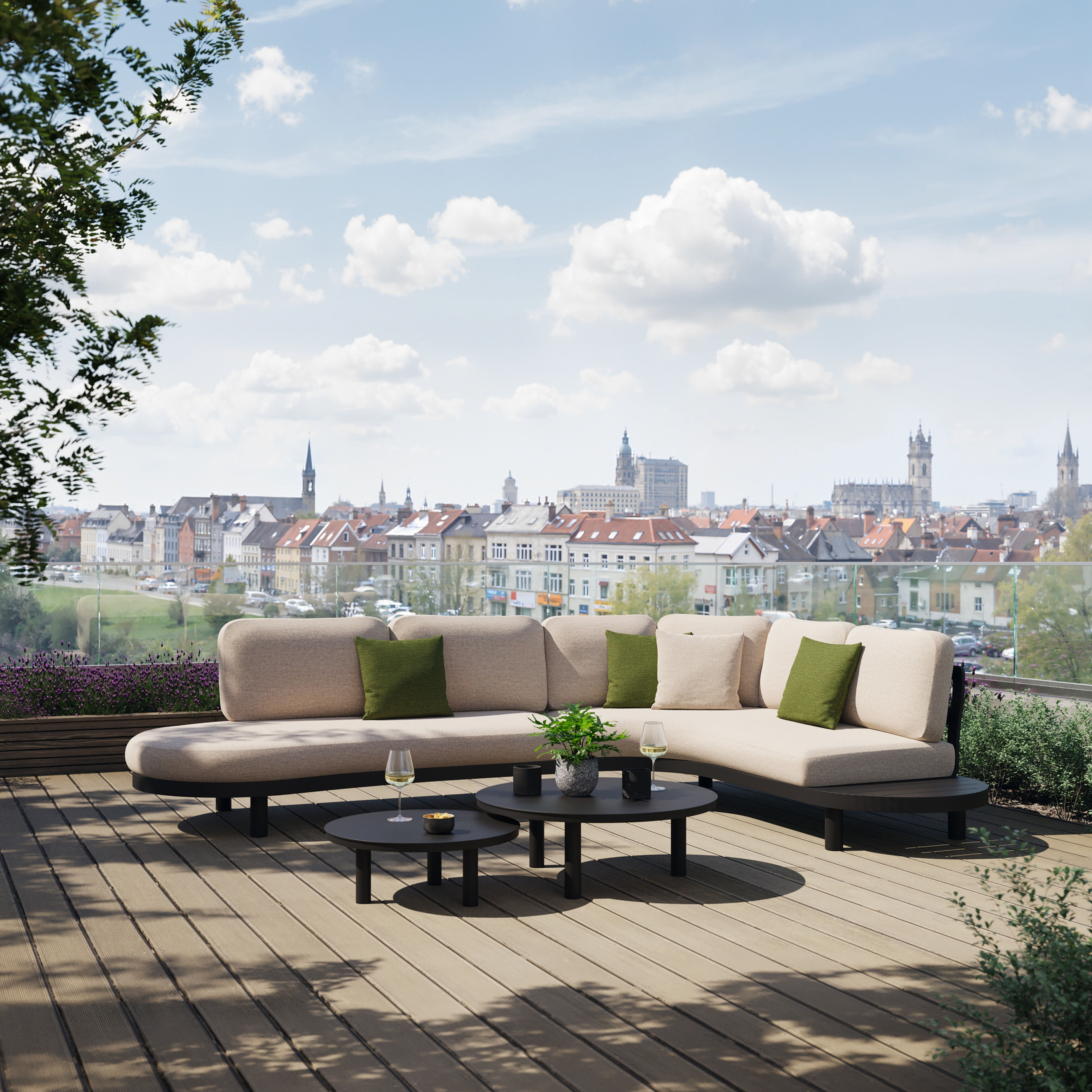 Salon de jardin d'angle Palma en aluminium noir et coussins en weather+ softtouch rustic