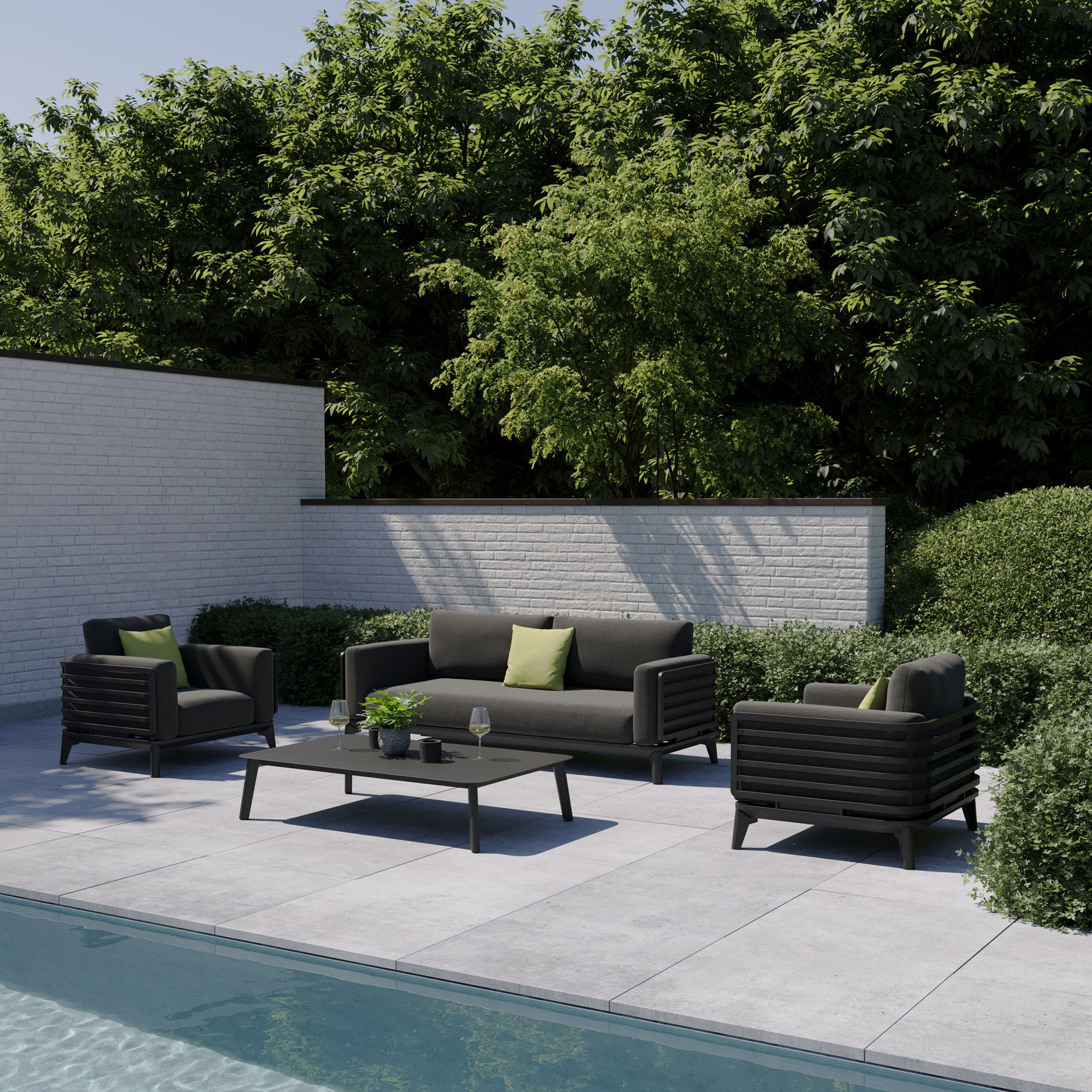Mosa loungeset in zwart aluminium met sky black weather+ softtouch kussens en loungetafel
