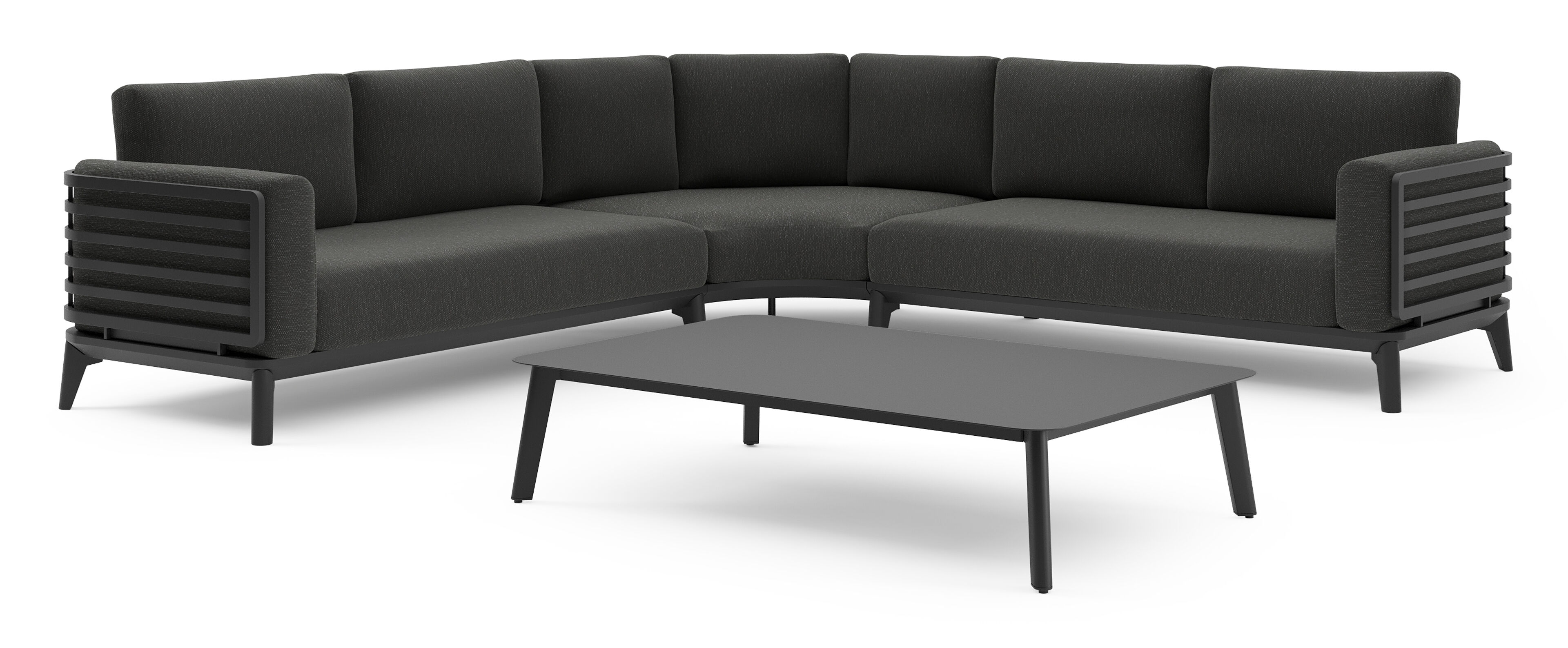 Mosa loungehoek in zwart aluminium met sky black weather+ softtouch kussens en loungetafel