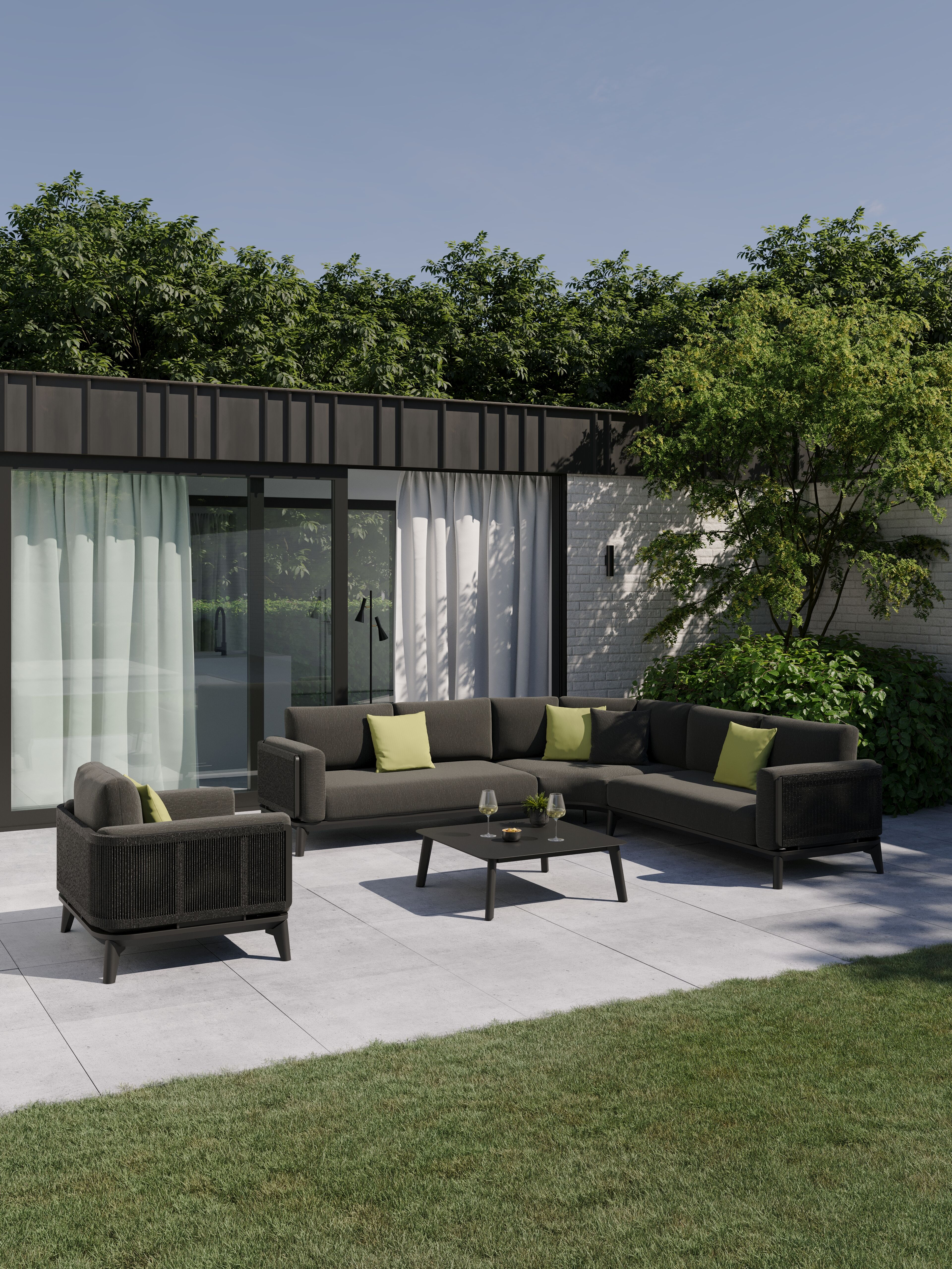 Mosa loungehoek in zwart aluminium met sky black weather+ softtouch kussens en loungetafel