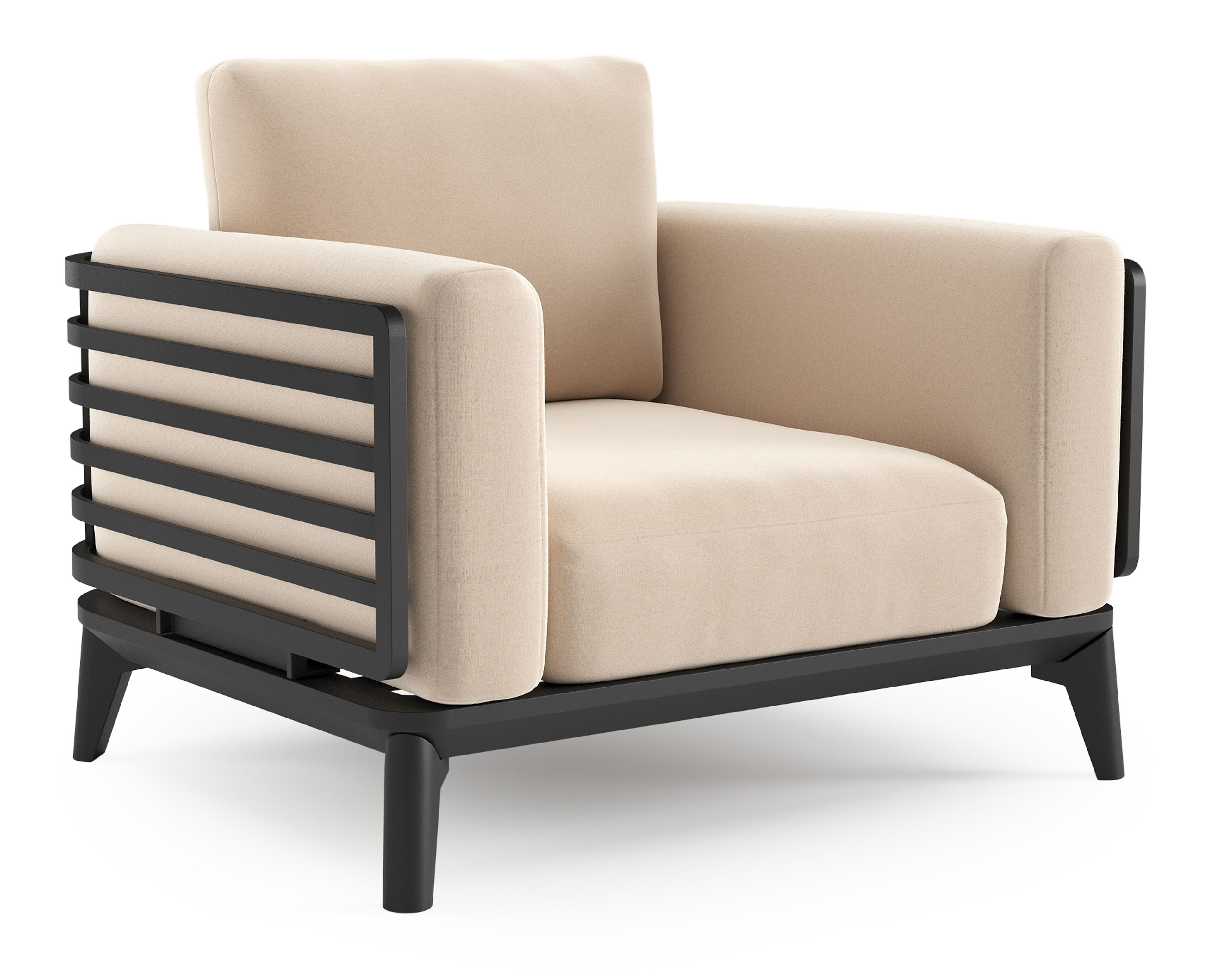 Fauteuil de jardin Mosa en aluminium noir et coussins en all weather sunbrella® premium natte linen chalk