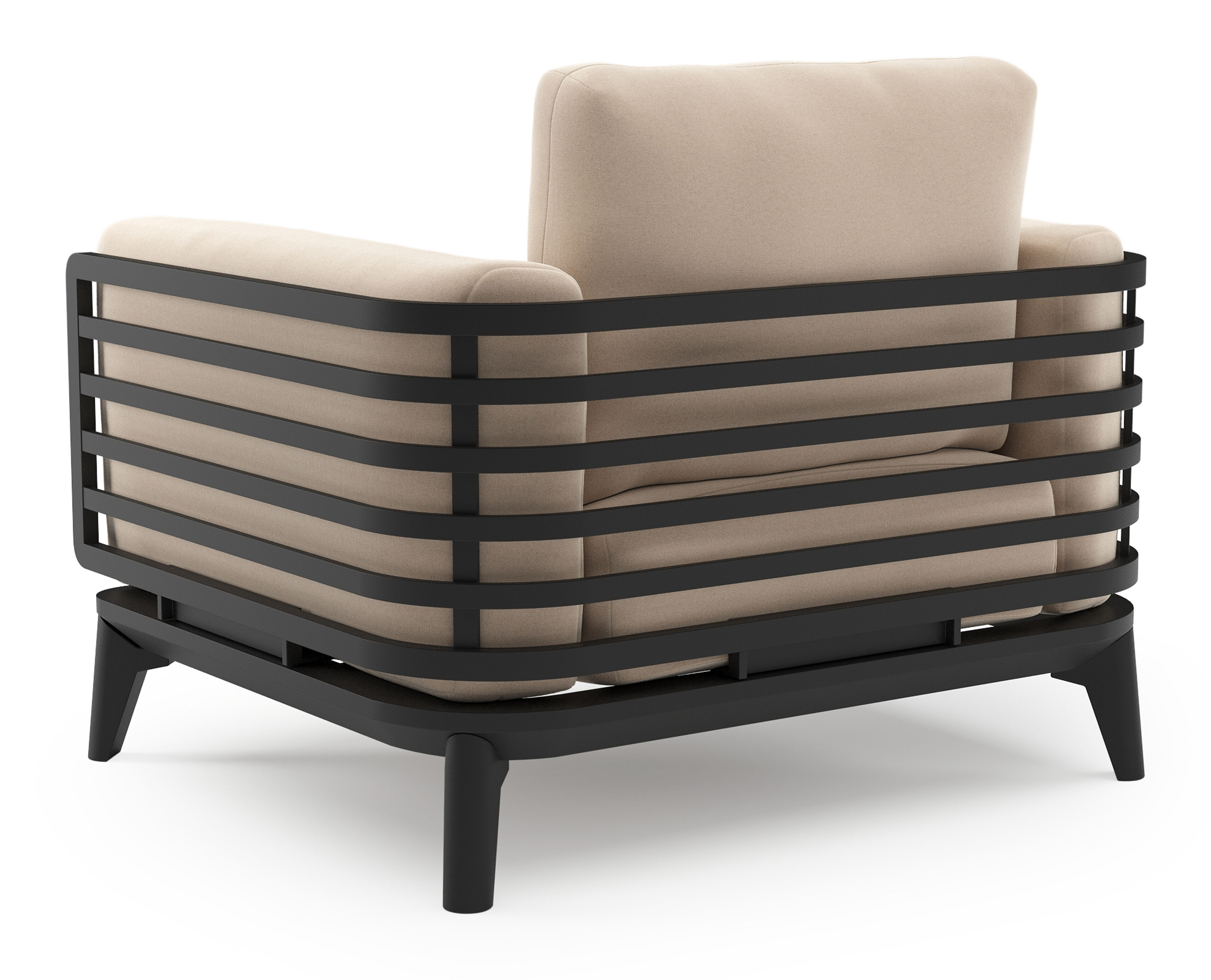 Fauteuil de jardin Mosa en aluminium noir et coussins en all weather sunbrella® premium natte linen chalk
