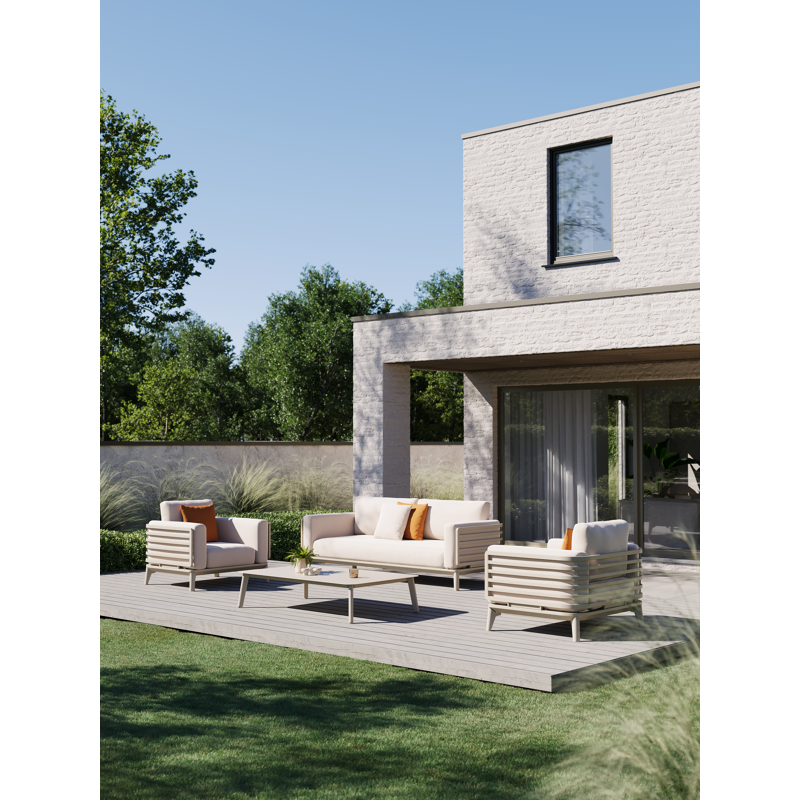 Mosa loungeset in beige aluminium met natte linen chalk all weather sunbrella® premium kussens en loungetafel