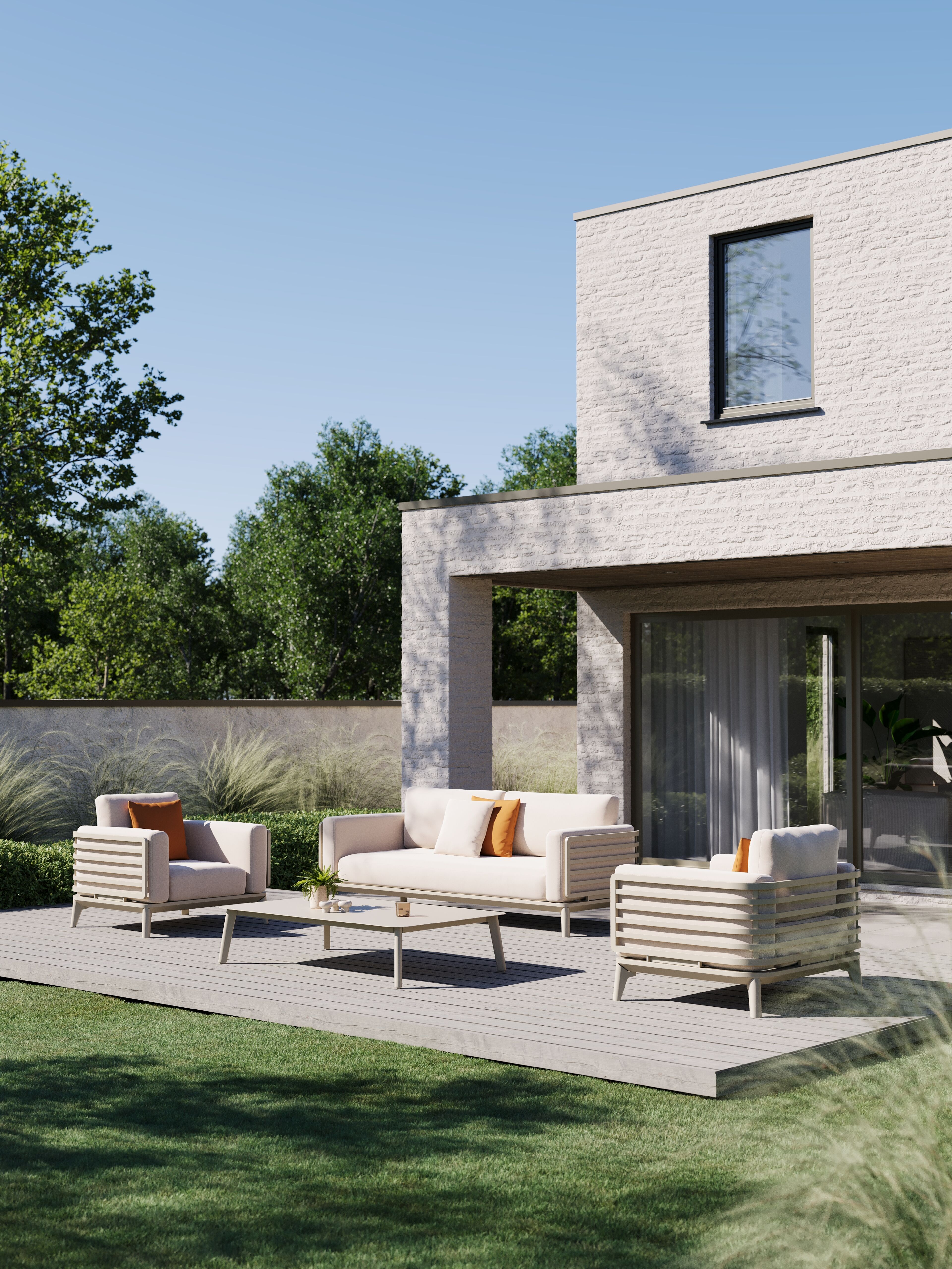 Salon de jardin Mosa en aluminium beige et coussins en all weather sunbrella® premium natte linen chalk