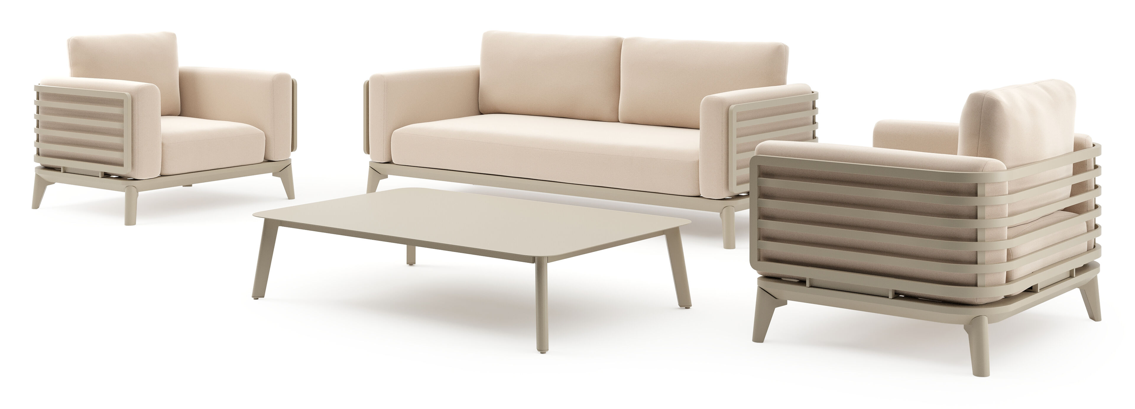 Mosa loungeset in beige aluminium met natte linen chalk all weather sunbrella® premium kussens en loungetafel