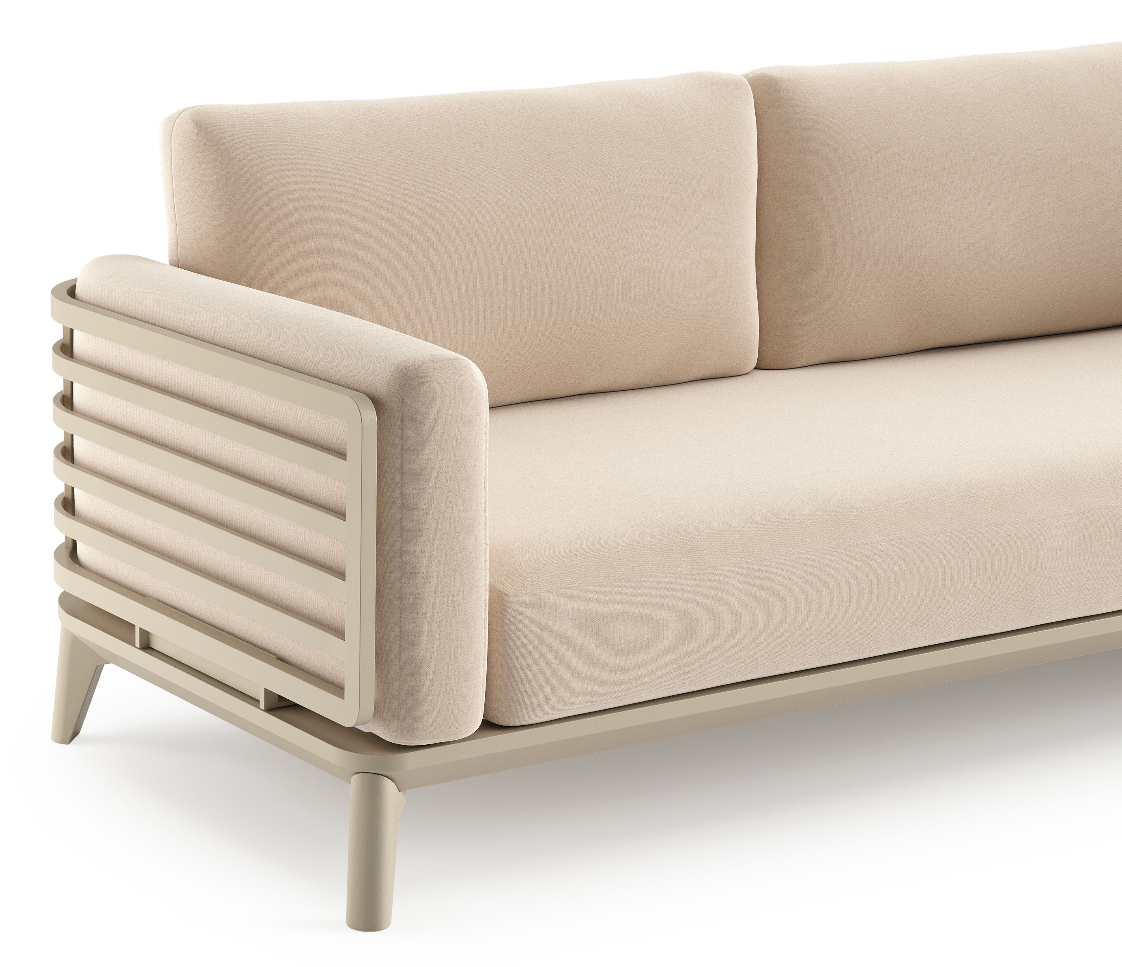 Mosa loungeset in beige aluminium met natte linen chalk all weather sunbrella® premium kussens en loungetafel