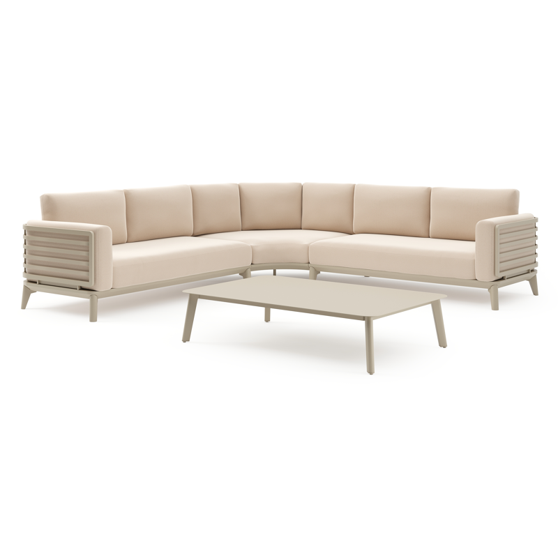 Mosa loungehoek in beige aluminium met natte linen chalk All Weather Sunbrella® kussens en loungetafel