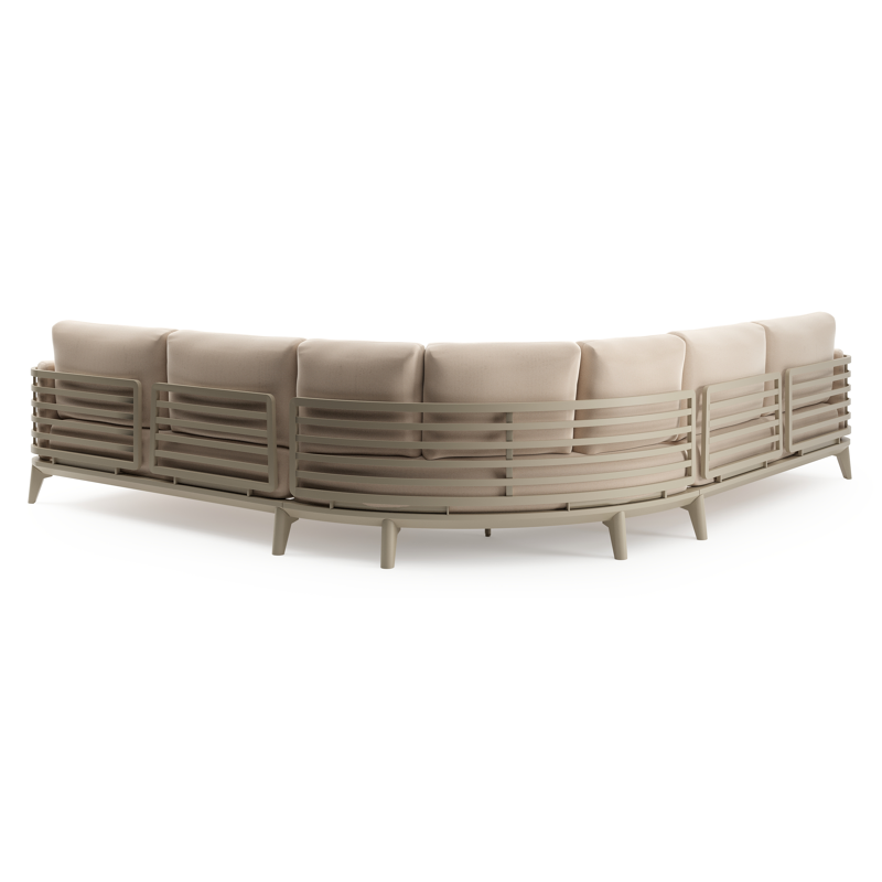 Mosa loungehoek in beige aluminium met natte linen chalk All Weather Sunbrella® kussens en loungetafel