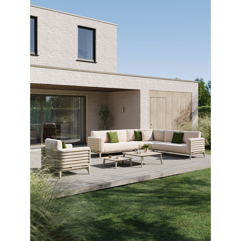 Mosa loungehoek in beige aluminium met natte linen chalk All Weather Sunbrella® kussens en loungetafel