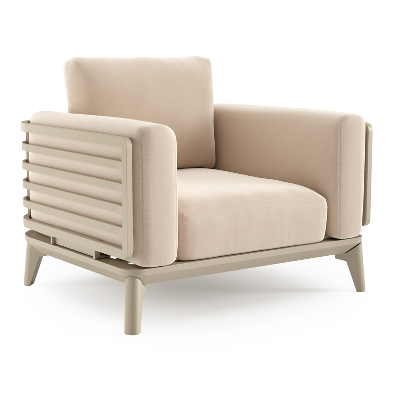 Fauteuil de jardin Mosa en aluminium beige et coussins en all weather sunbrella® premium natte linen chalk