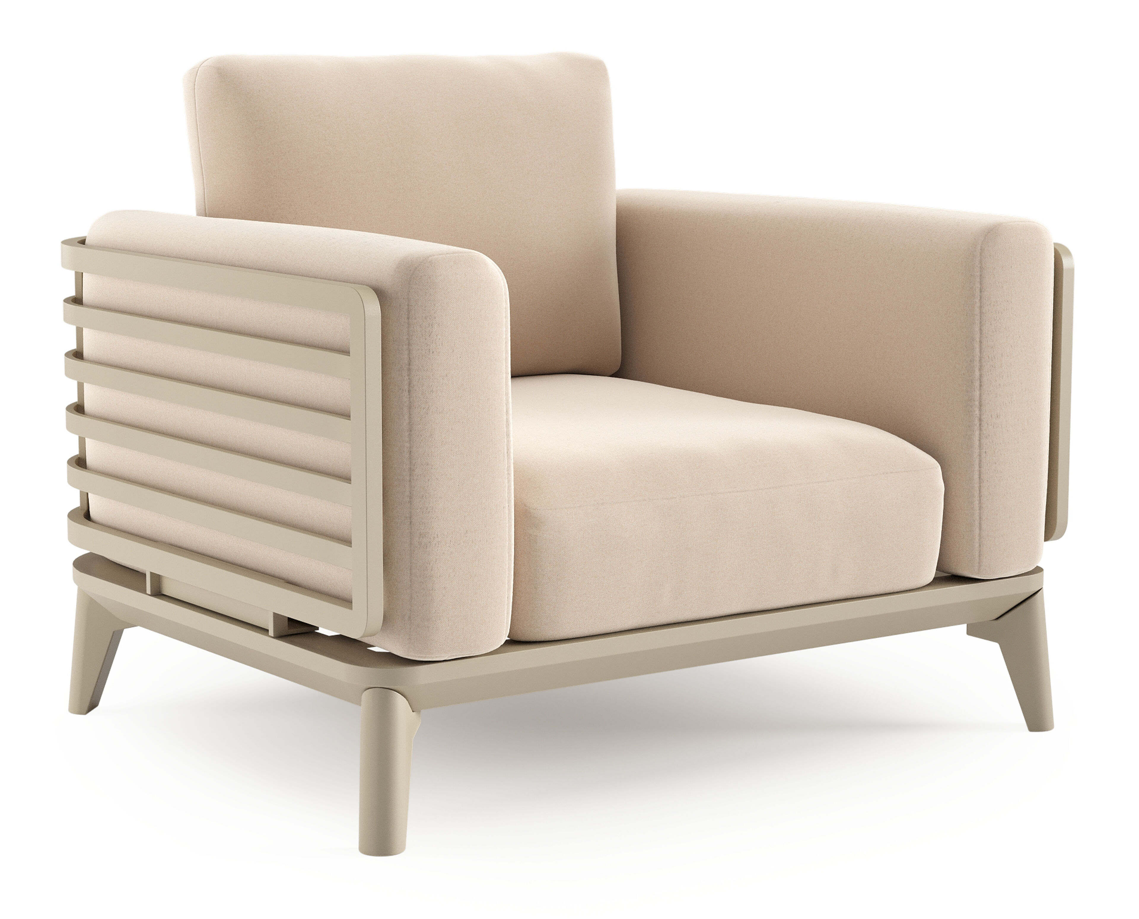 Fauteuil de jardin Mosa en aluminium beige et coussins en all weather sunbrella® premium natte linen chalk
