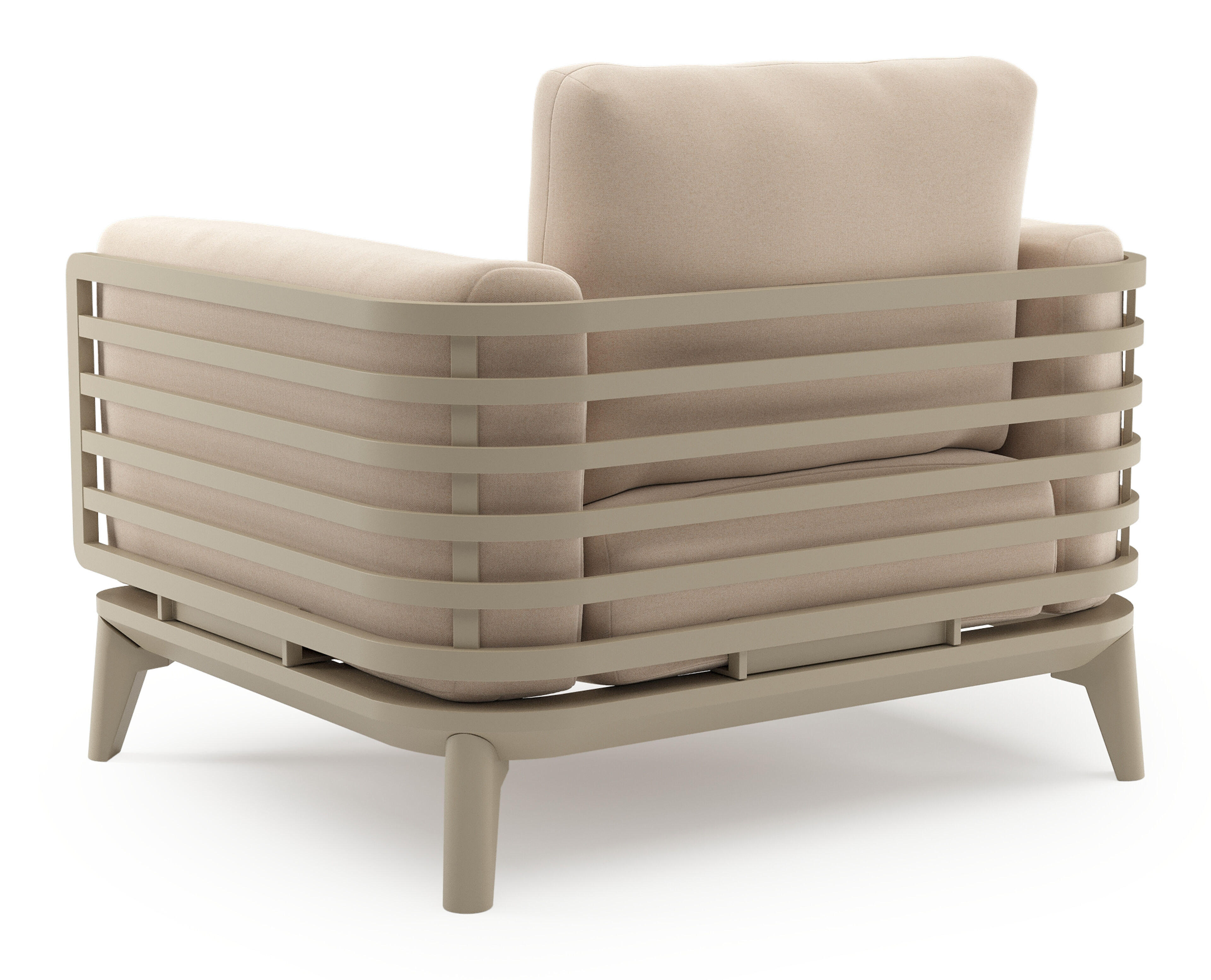 Fauteuil de jardin Mosa en aluminium beige et coussins en all weather sunbrella® premium natte linen chalk
