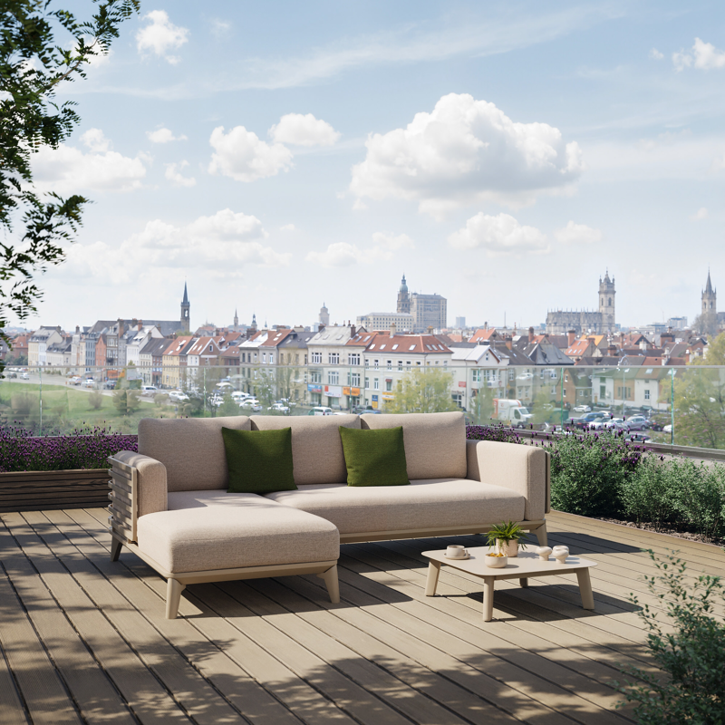 Salon de jardin d'angle Mosa en aluminium beige et coussins en weather+ softtouch rustic