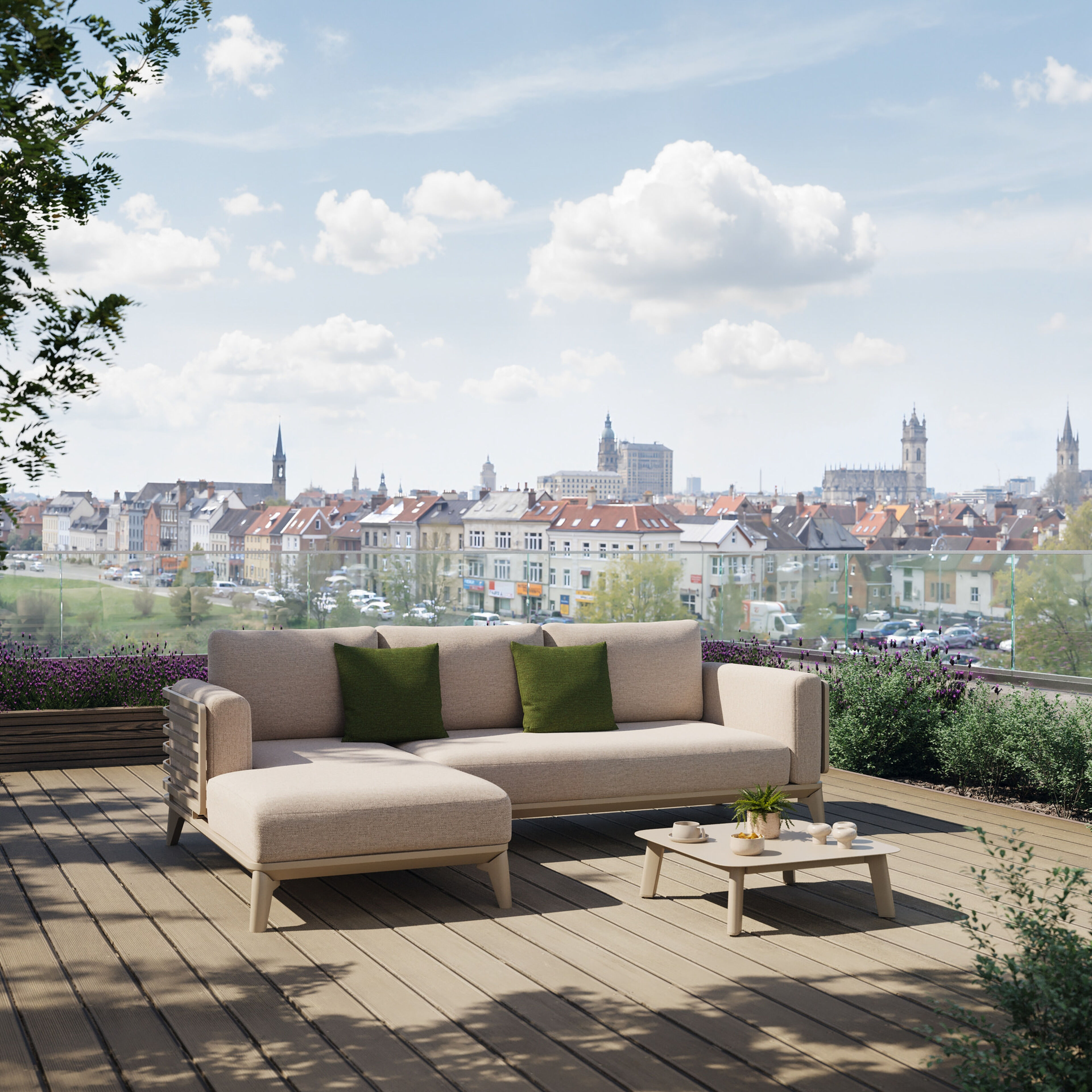 Salon de jardin d'angle Mosa en aluminium beige et coussins en weather+ softtouch rustic