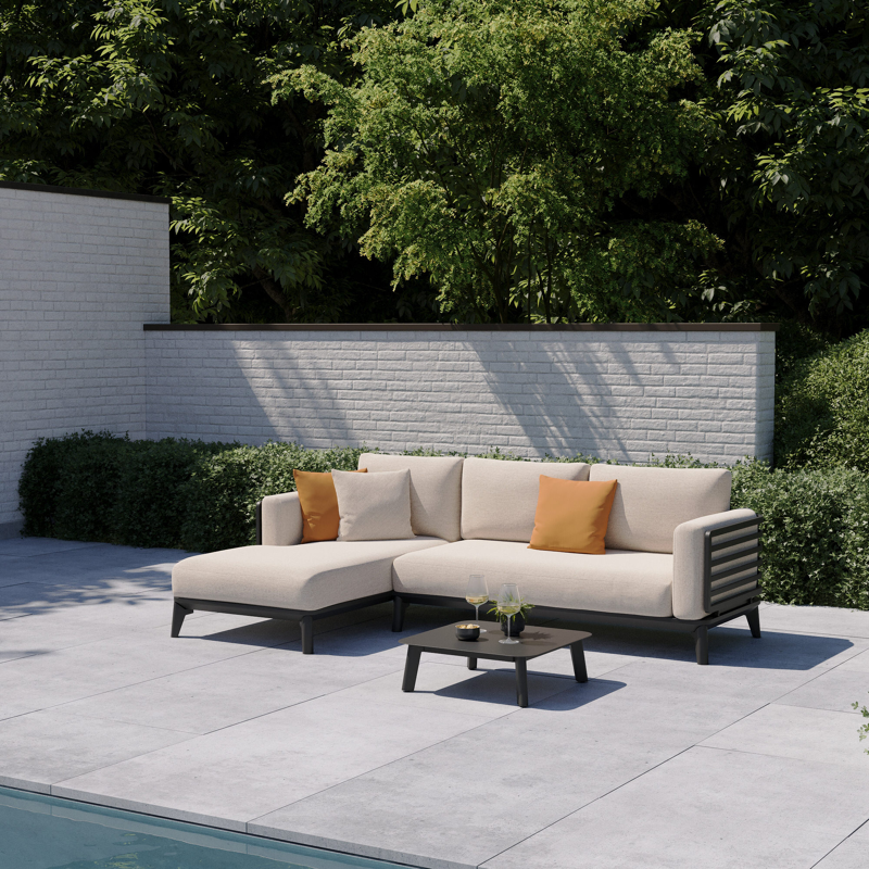 Salon de jardin d'angle Mosa en aluminium noir et coussins en weather+ softtouch rustic