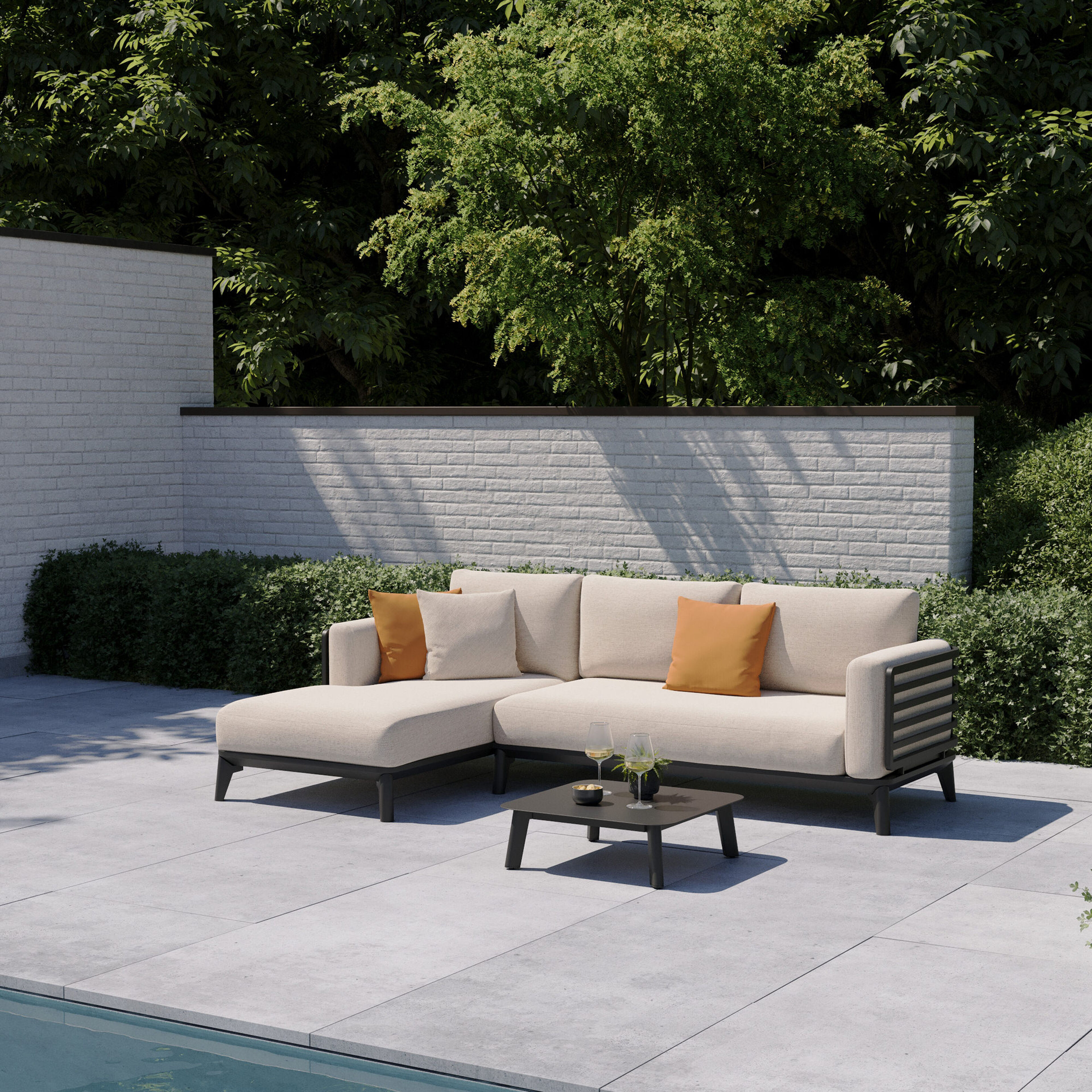Salon de jardin d'angle Mosa en aluminium noir et coussins en weather+ softtouch rustic