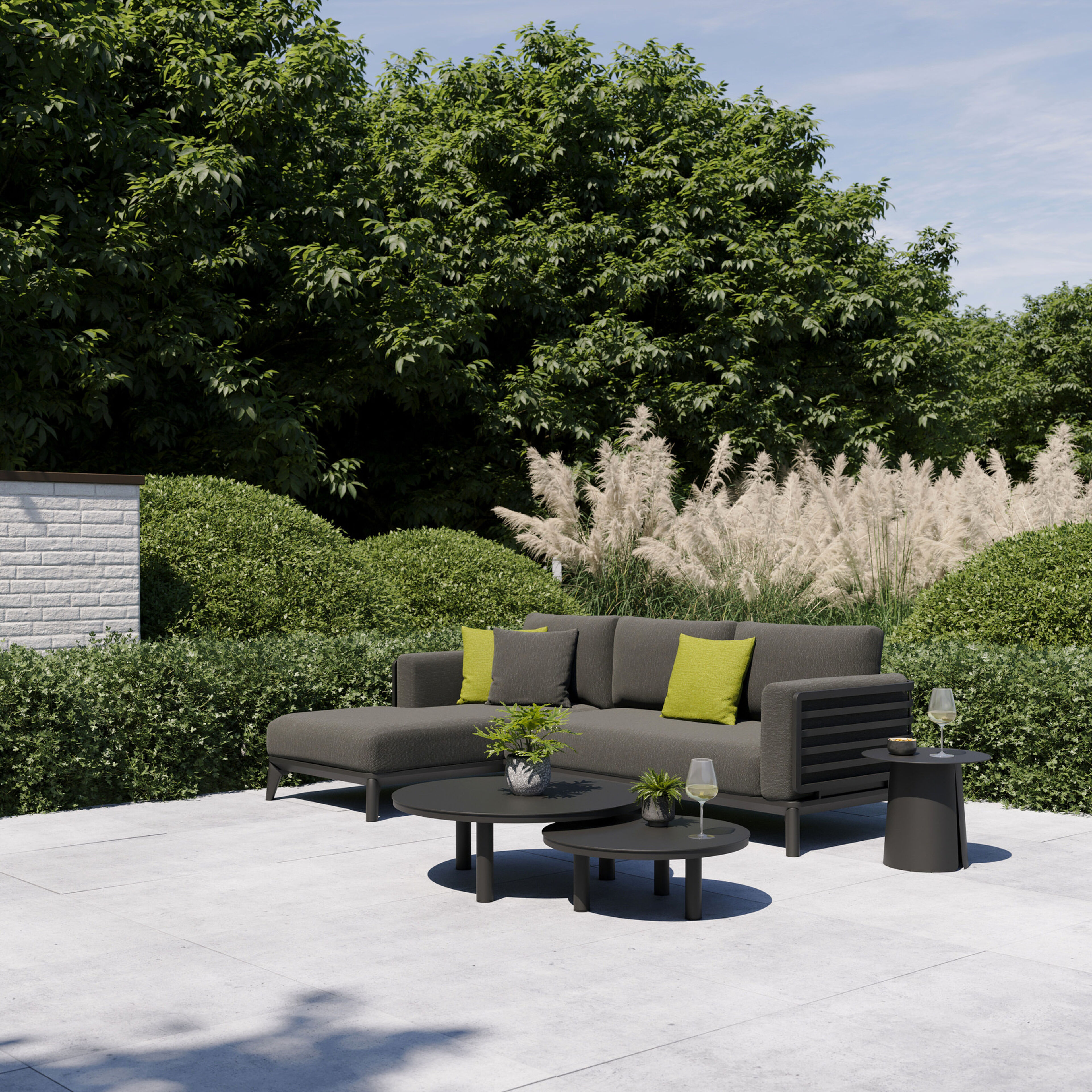 Salon de jardin d'angle Mosa en aluminium noir et coussins en weather+ softtouch sky black
