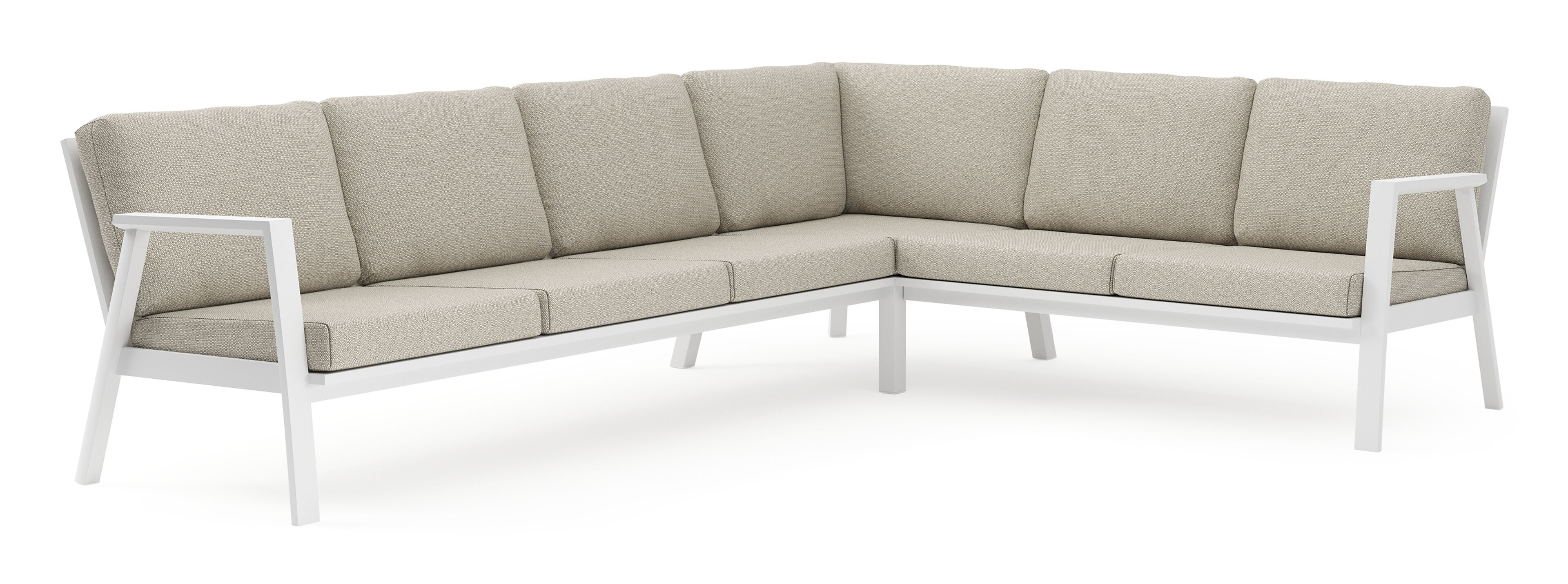 Salon de jardin d'angle Avila en aluminium blanc et coussins en weather+ softtouch beige