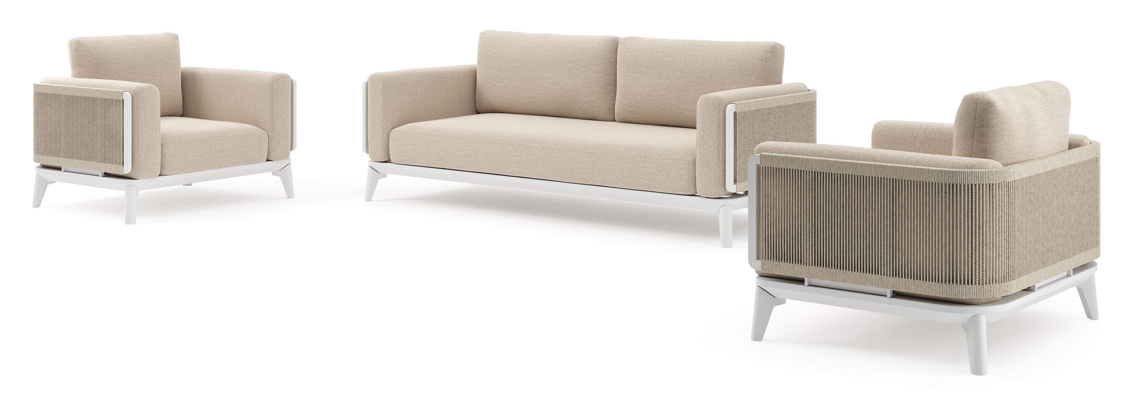 Mosa loungeset in wit aluminium en beige gedraaide ronde wicker met rustic weather+ softtouch kussen