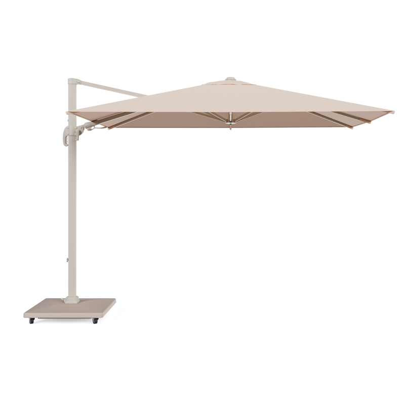 Avola zweefparasol met tiltfunctie in beige aluminium en Natte Linen Chalk Sunbrella Premium parasoldoek - L1 200 x L2 300 cm met parasolvoet Avola 90 kg