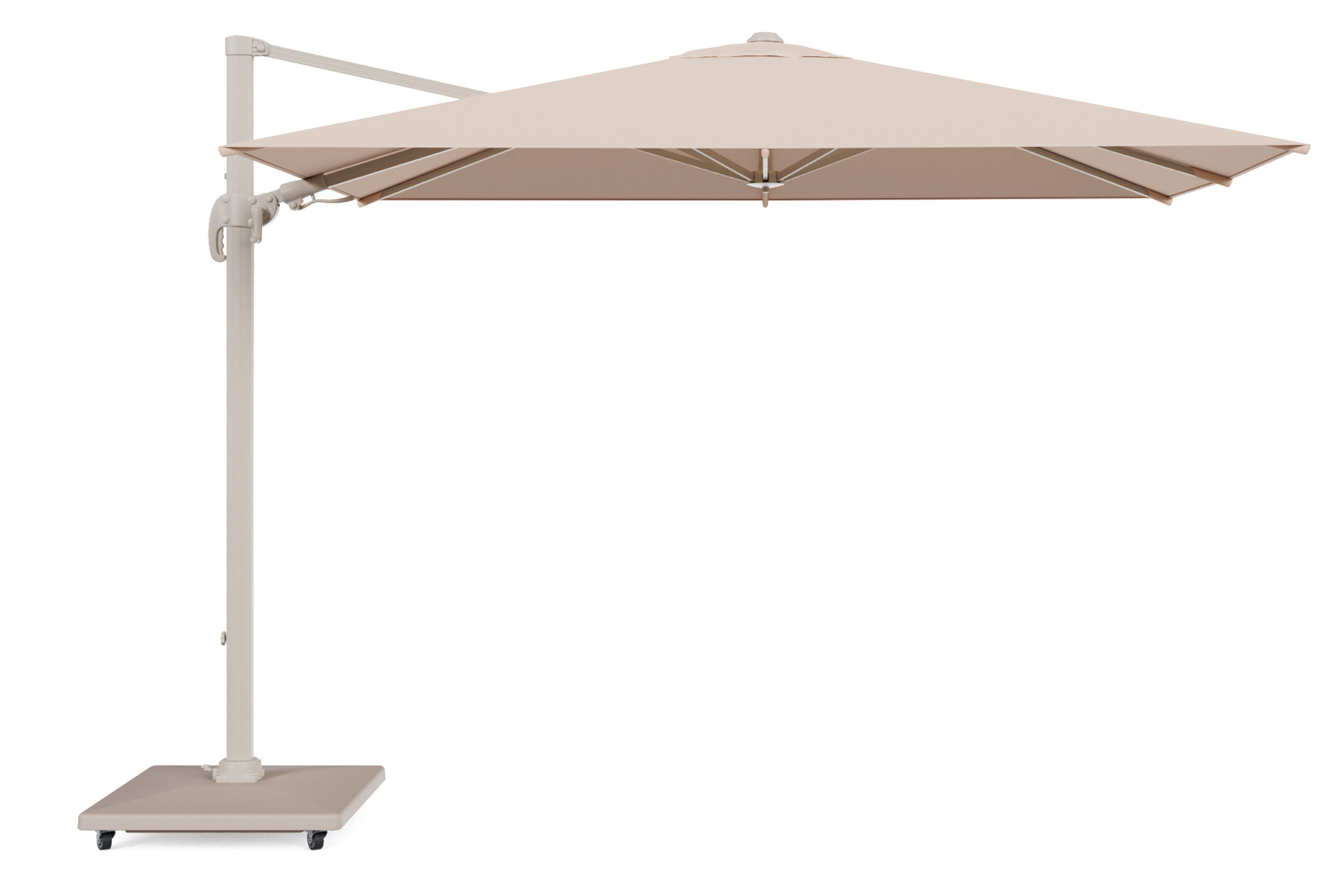 Avola zweefparasol met tiltfunctie in beige aluminium en Natte Linen Chalk Sunbrella Premium parasoldoek - L1 200 x L2 300 cm met parasolvoet Avola 90 kg