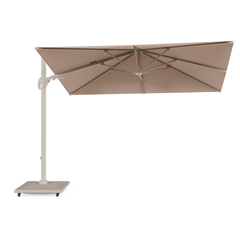 Avola zweefparasol met tiltfunctie in beige aluminium en Natte Linen Chalk Sunbrella Premium parasoldoek - L1 200 x L2 300 cm met parasolvoet Avola 90 kg