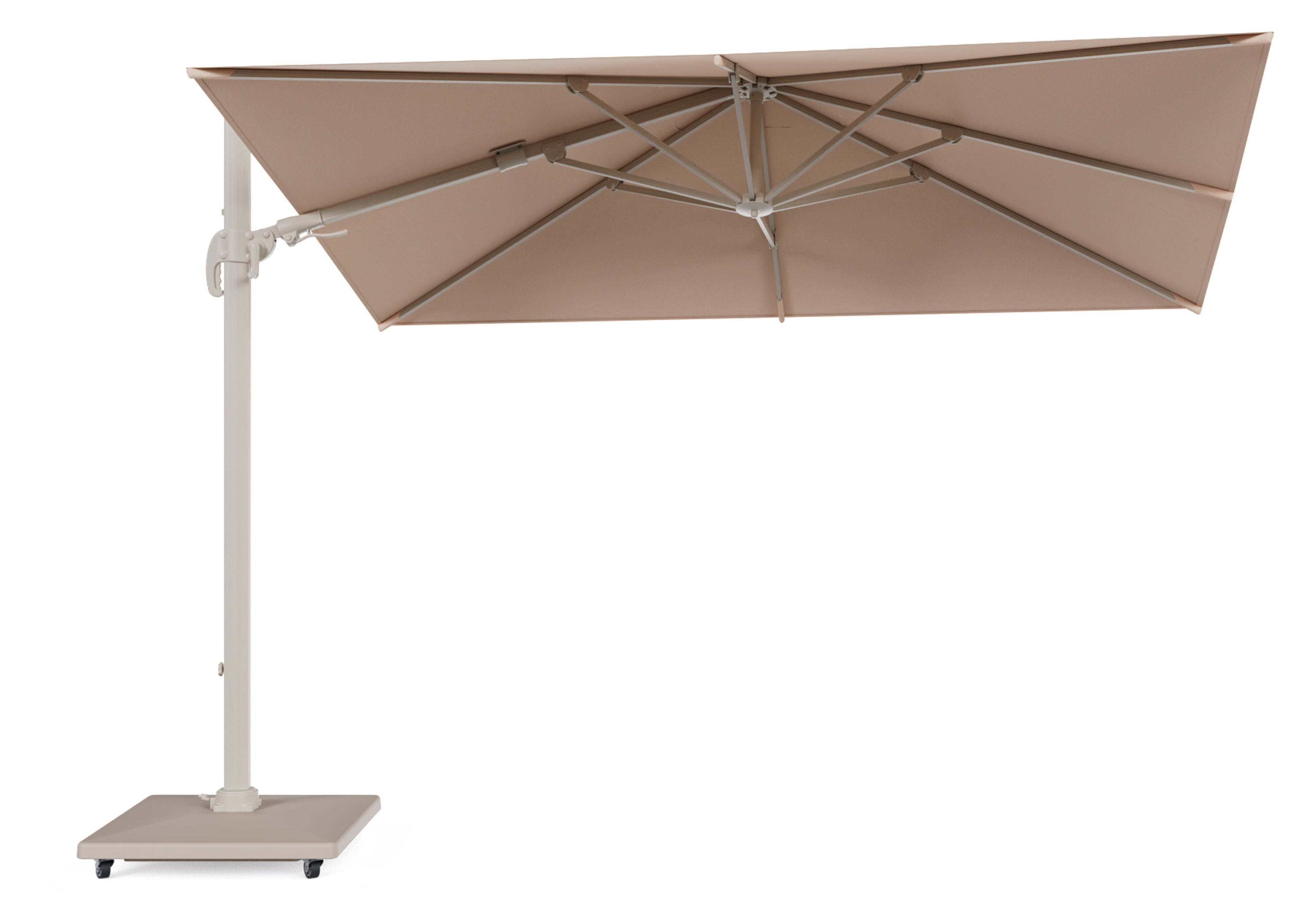 Avola zweefparasol met tiltfunctie in beige aluminium en Natte Linen Chalk Sunbrella Premium parasoldoek - L1 200 x L2 300 cm met parasolvoet Avola 90 kg