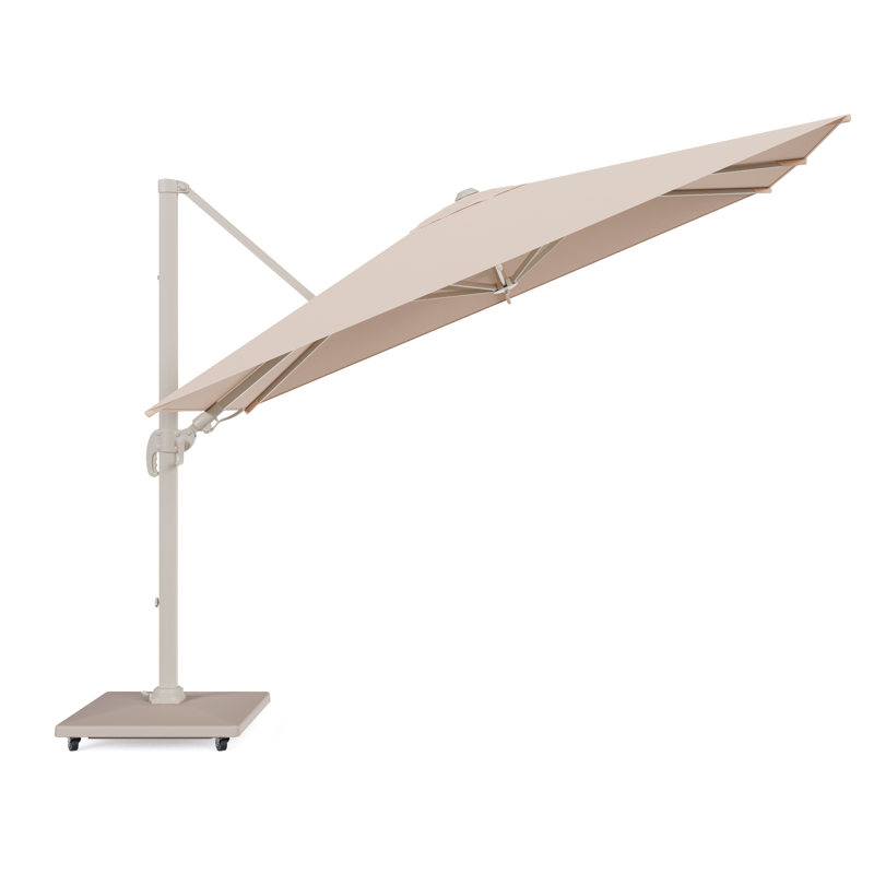 Avola zweefparasol met tiltfunctie in beige aluminium en Natte Linen Chalk Sunbrella Premium parasoldoek - L1 200 x L2 300 cm met parasolvoet Avola 90 kg