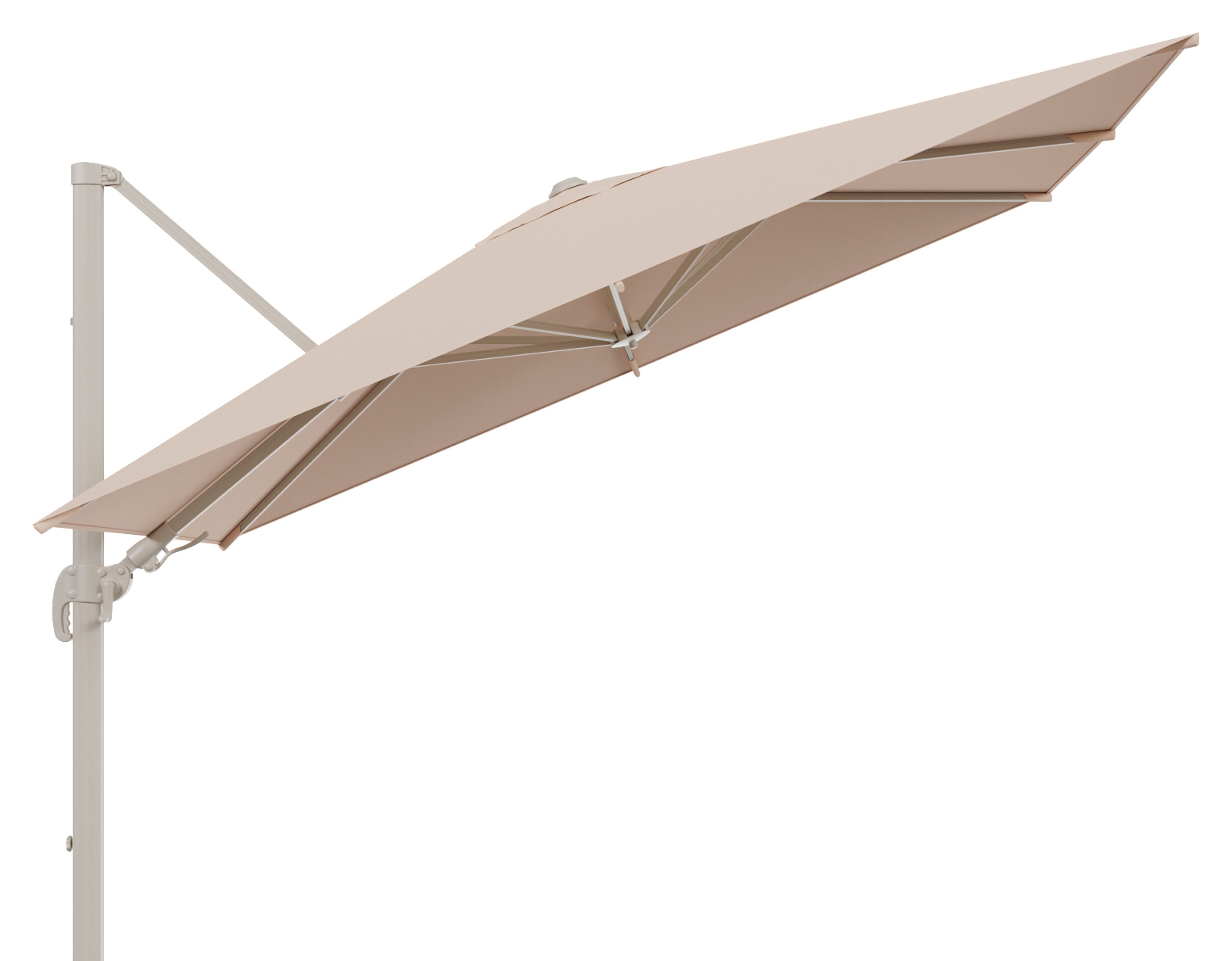 Parasol pendant Avola avec fonction tilt en aluminium beige et toile de parasol en All weather sunbrella premium Natte Linnen Chalk - L g1. 200 x Lg 2. 300 (sans pied de parasol)