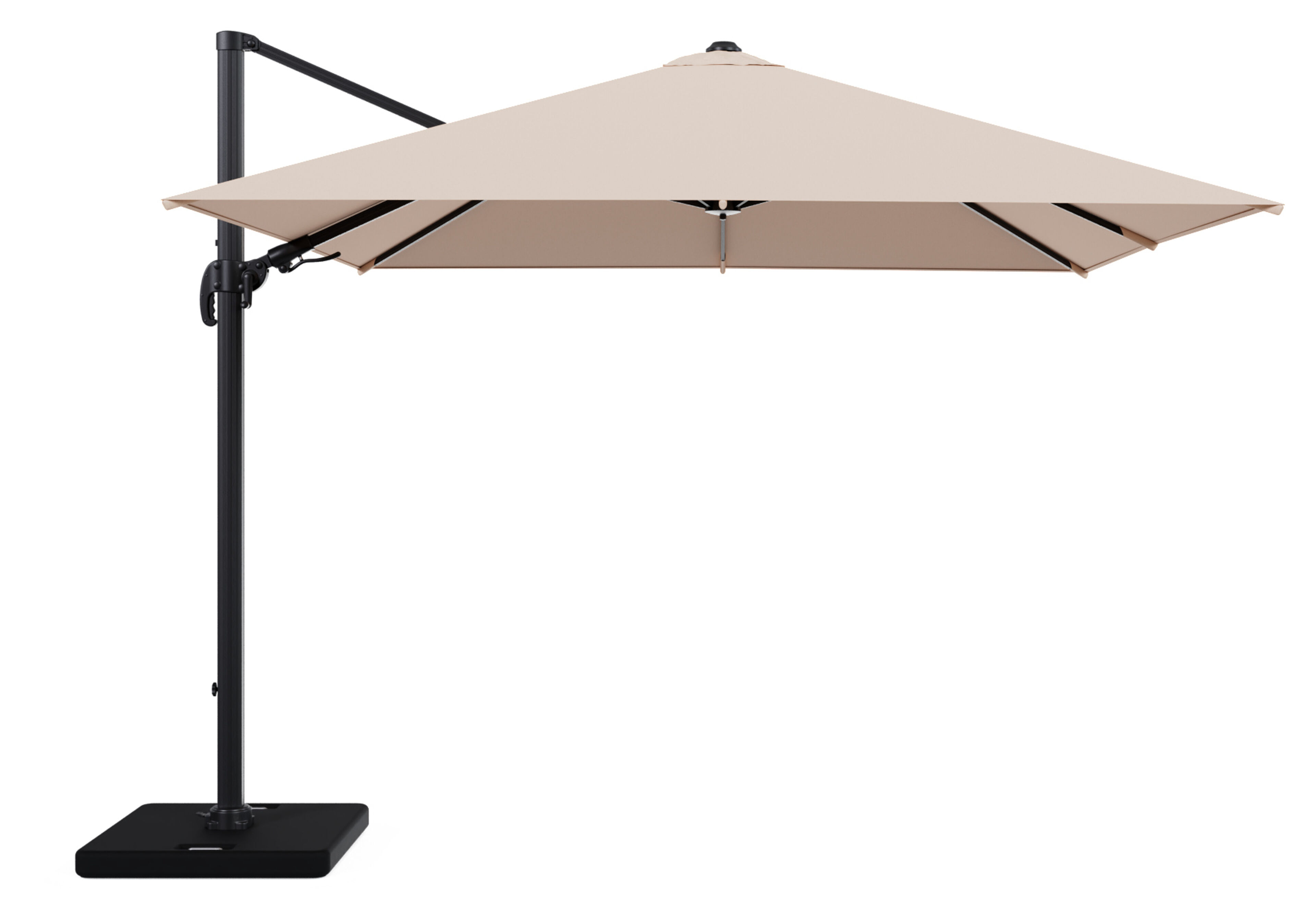 Avola zweefparasol met tiltfunctie in zwart aluminium en Natte Linen Chalk Sunbrella Premium parasoldoek - L1 300 x L2 300 cm met parasolvoet Pedito 120 kg