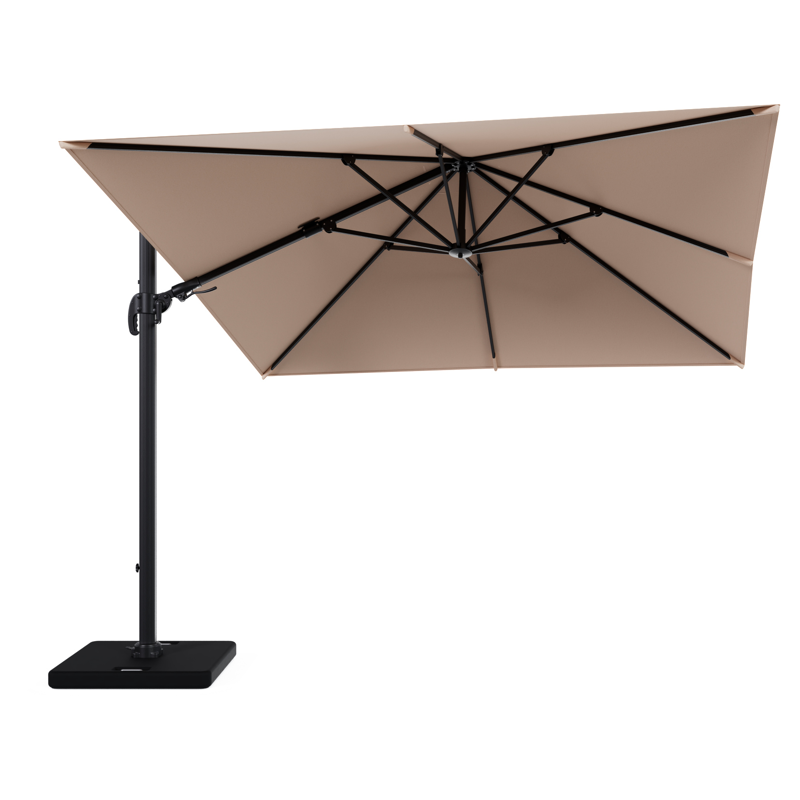 Avola zweefparasol met tiltfunctie in zwart aluminium en Natte Linen Chalk Sunbrella Premium parasoldoek - L1 300 x L2 300 cm met parasolvoet Pedito 120 kg