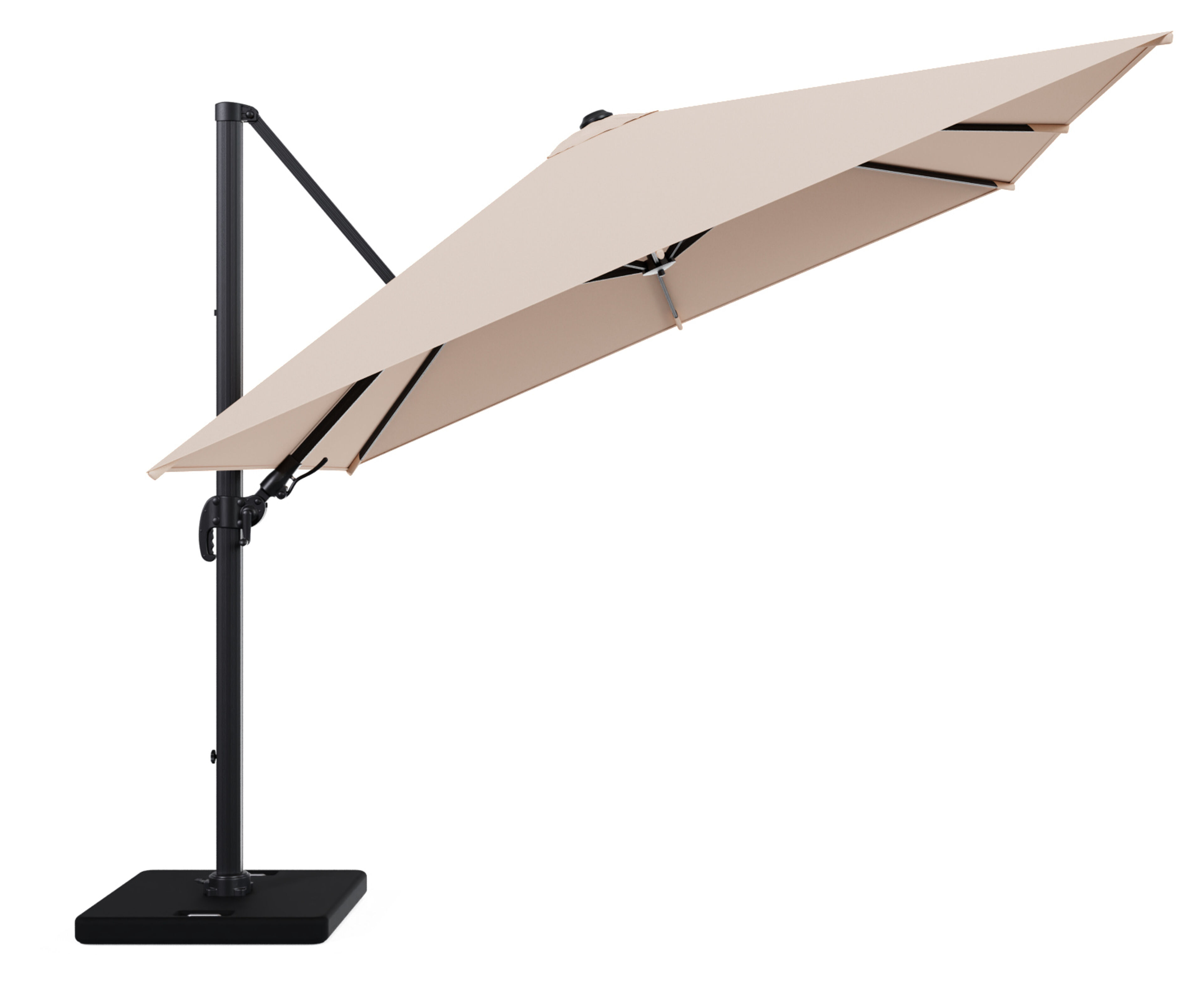 Avola zweefparasol met tiltfunctie in zwart aluminium en Natte Linen Chalk Sunbrella Premium parasoldoek - L1 300 x L2 300 cm met parasolvoet Pedito 120 kg