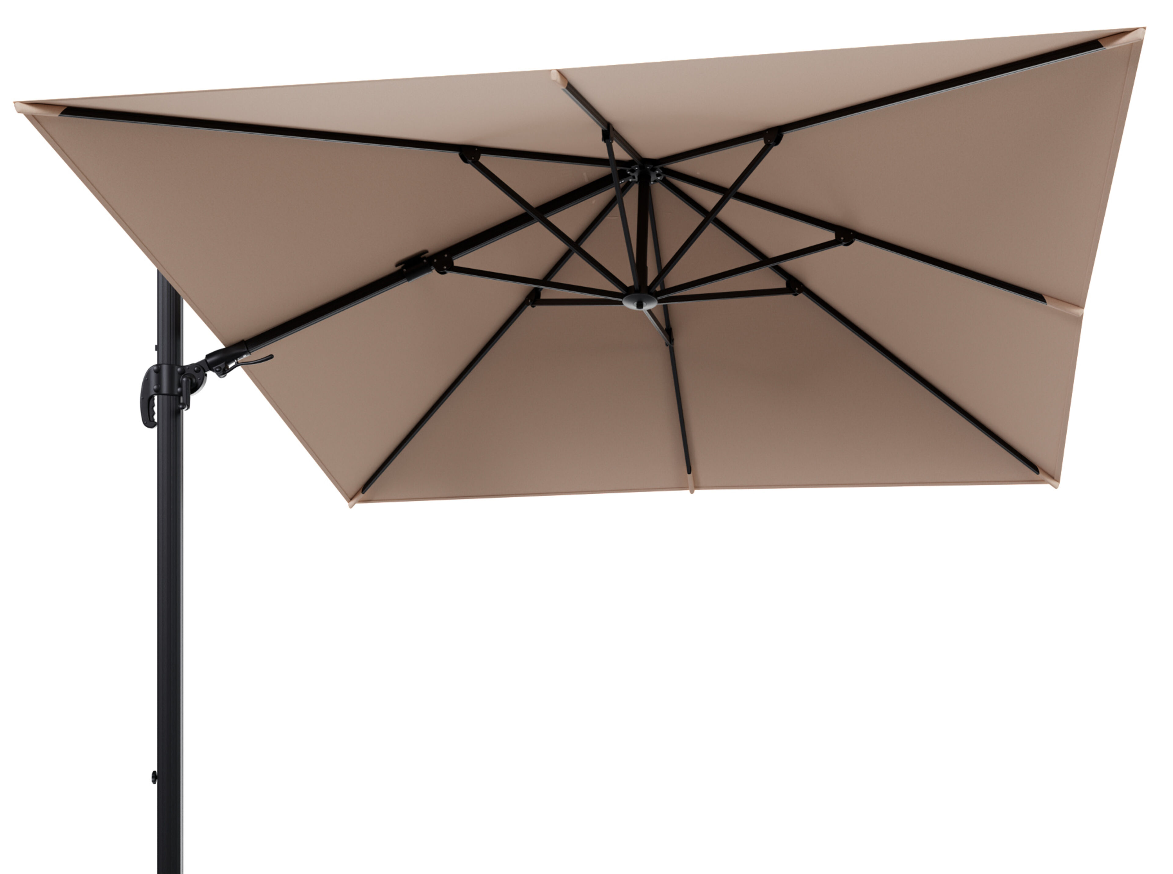 Avola zweefparasol in zwart aluminium en All Weather Sunbrella Premium Natte Linen Chalk parasoldoek - L 300 x B 300 cm (zonder voet)