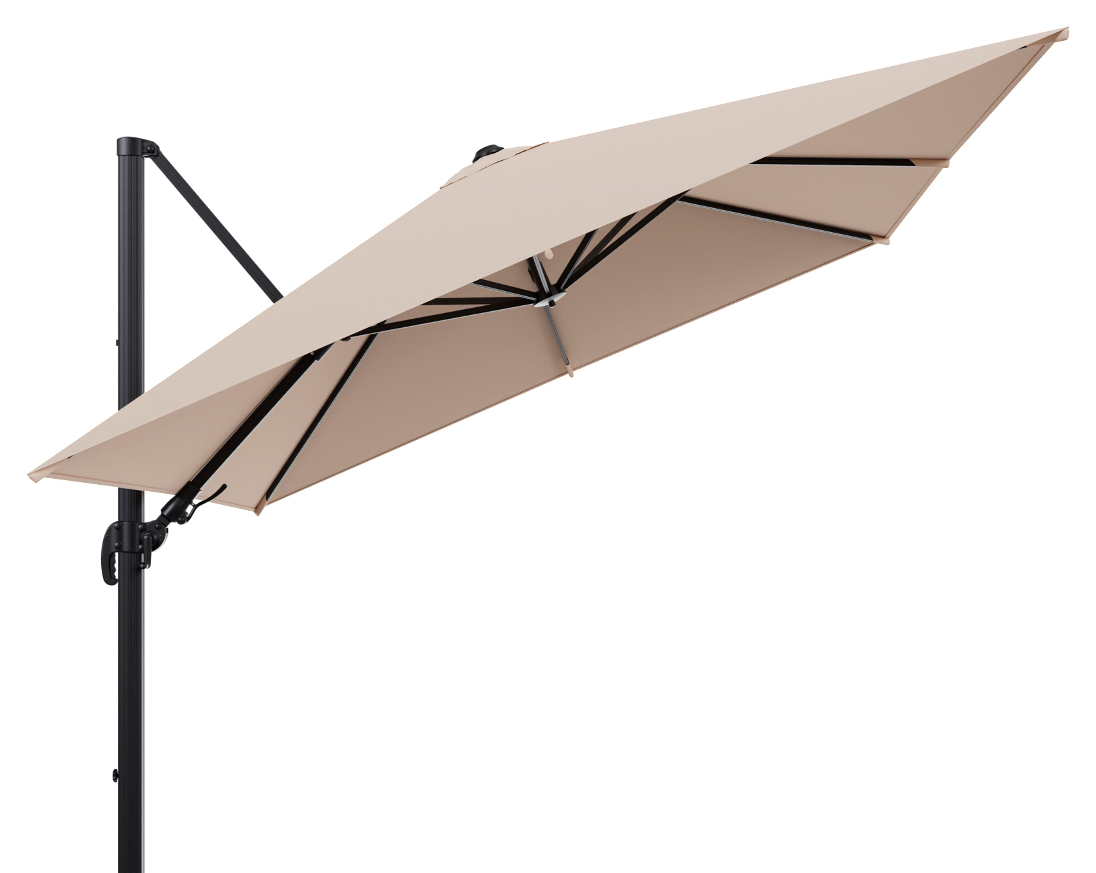 Avola zweefparasol in zwart aluminium en All Weather Sunbrella Premium Natte Linen Chalk parasoldoek - L 300 x B 300 cm (zonder voet)