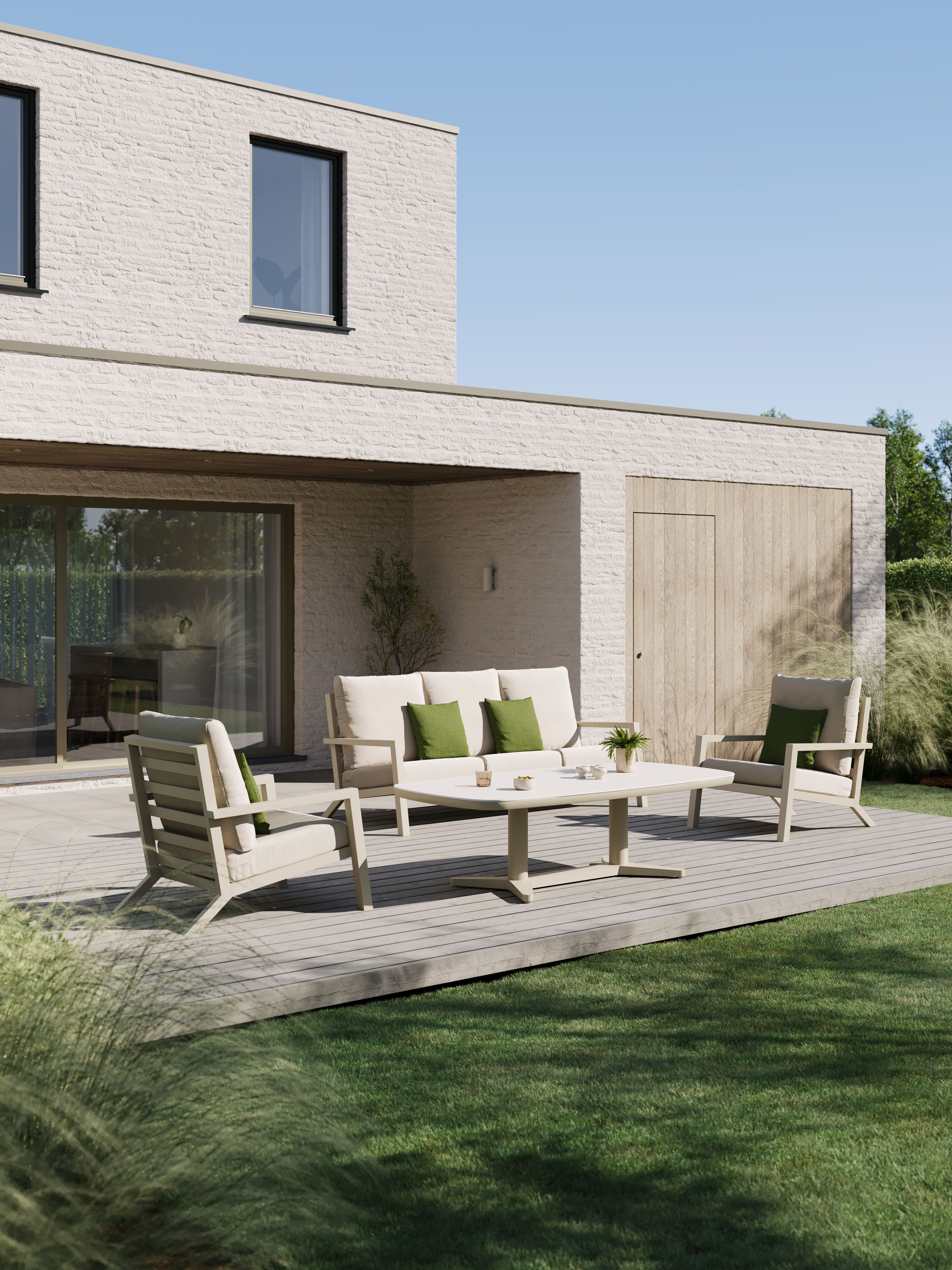 Salon de jardin Arnes en aluminium beige et coussins en weather+ softtouch rustic