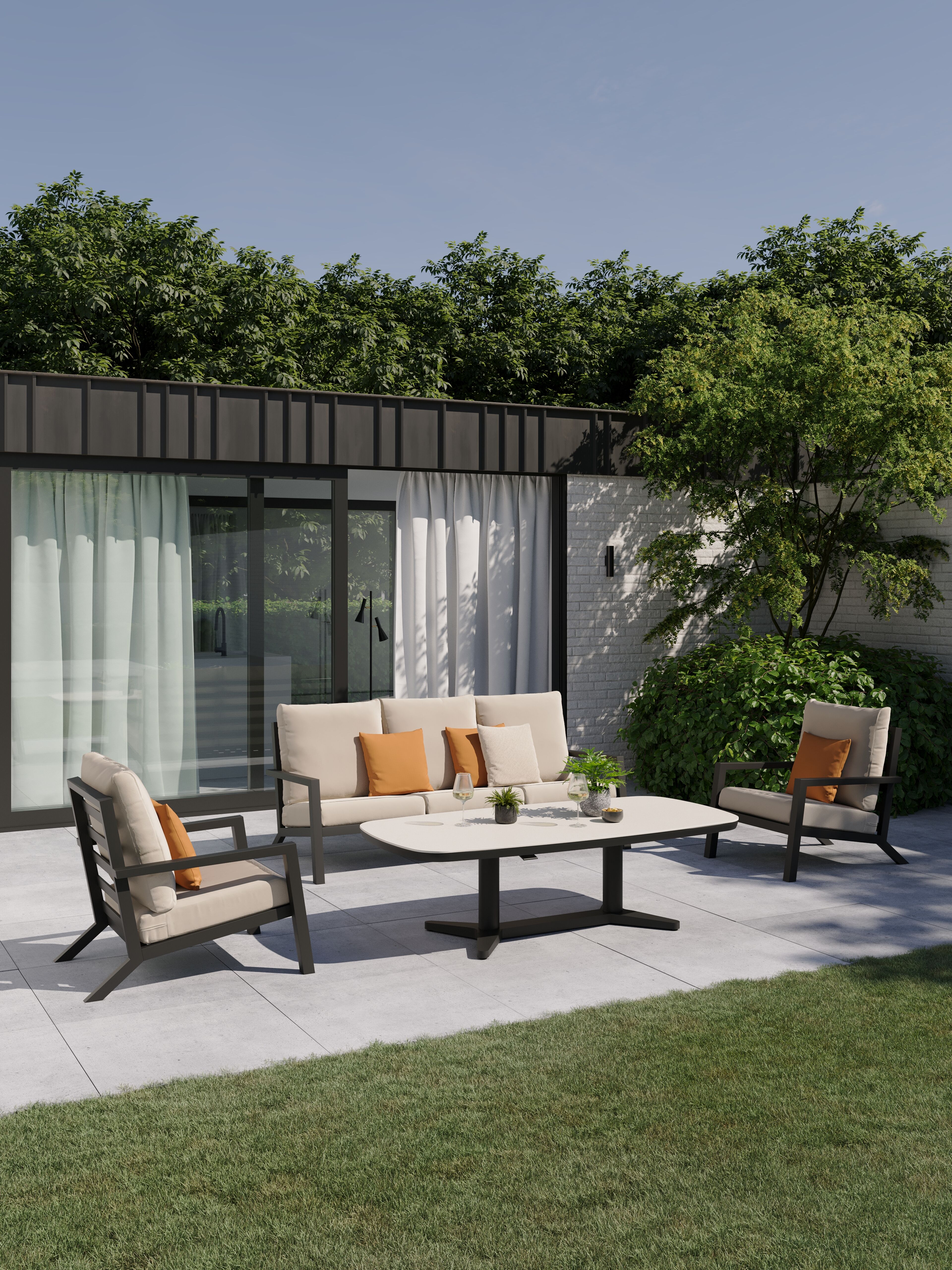 Salon de jardin Arnes en aluminium noir et coussins en weather+ softtouch rustic