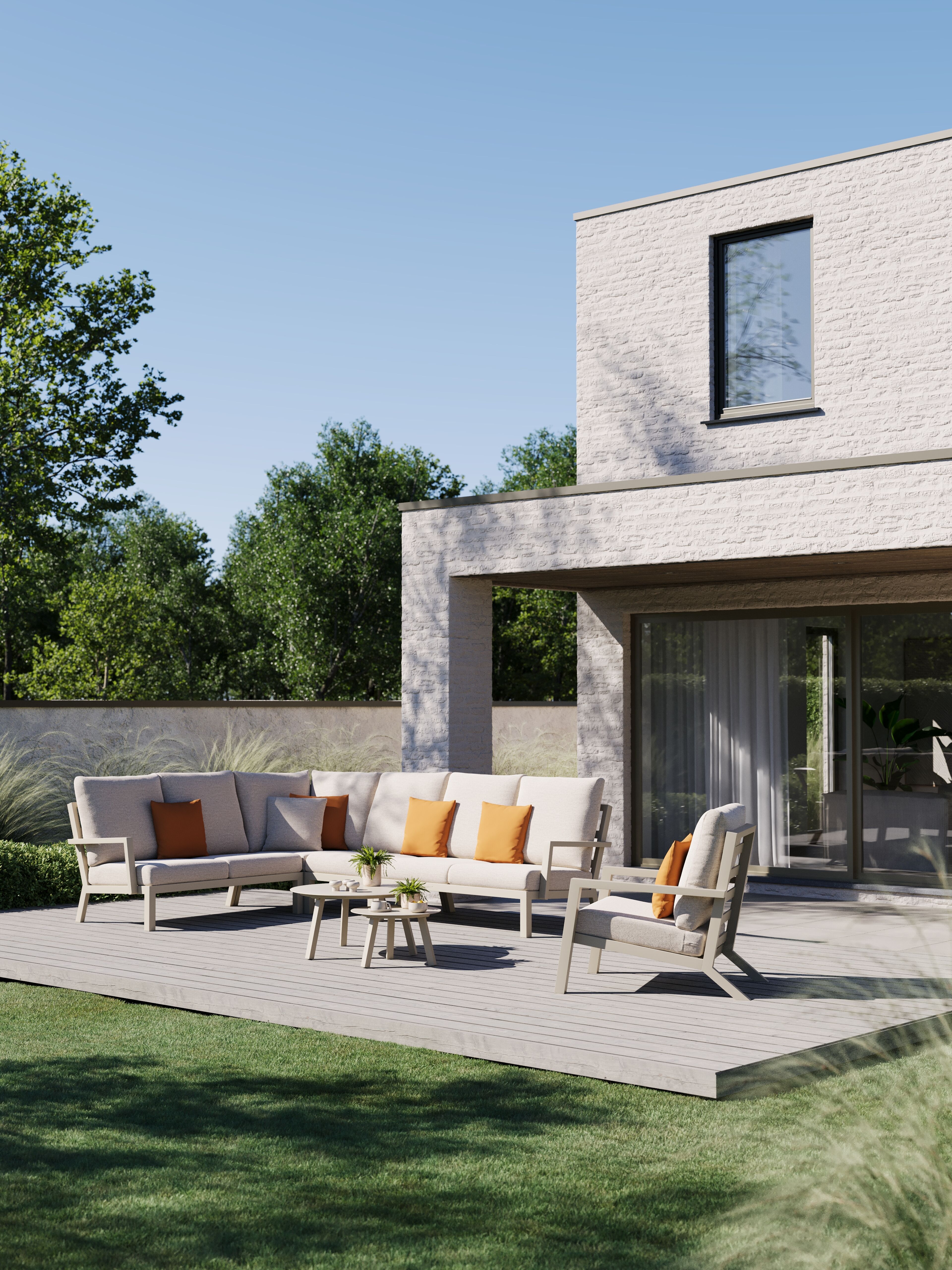 Arnes loungehoek in beige aluminium met rustic weather+ softtouch kussen
