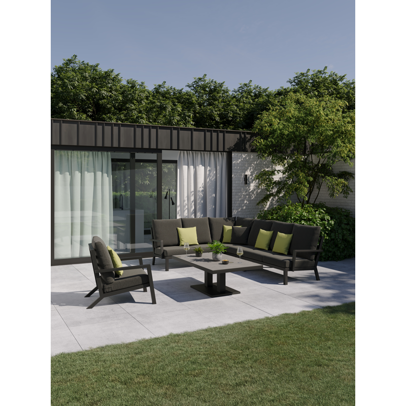 Salon de jardin d'angle Arnes en aluminium noir et coussins en weather+ softtouch sky black