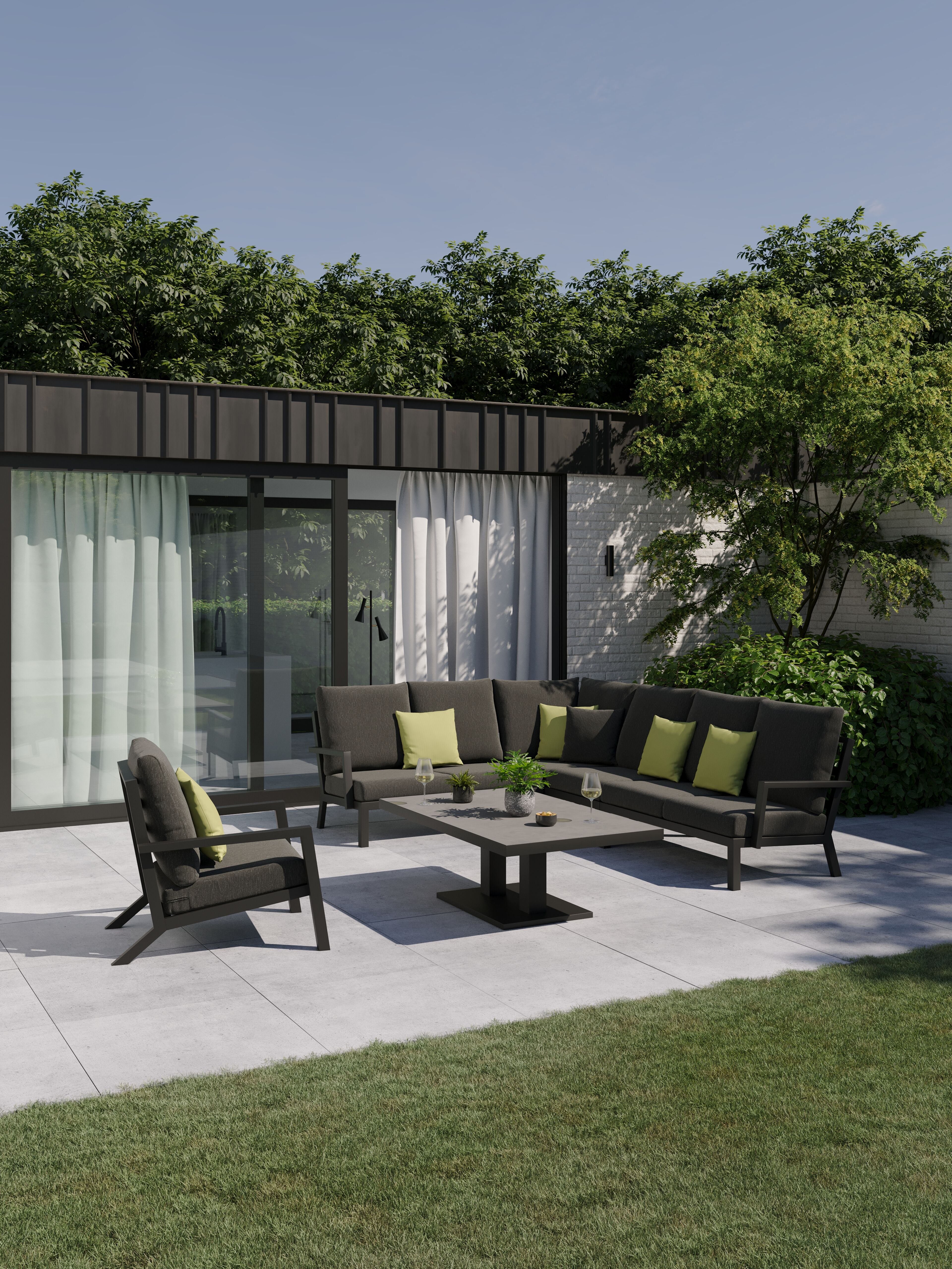 Salon de jardin d'angle Arnes en aluminium noir et coussins en weather+ softtouch sky black