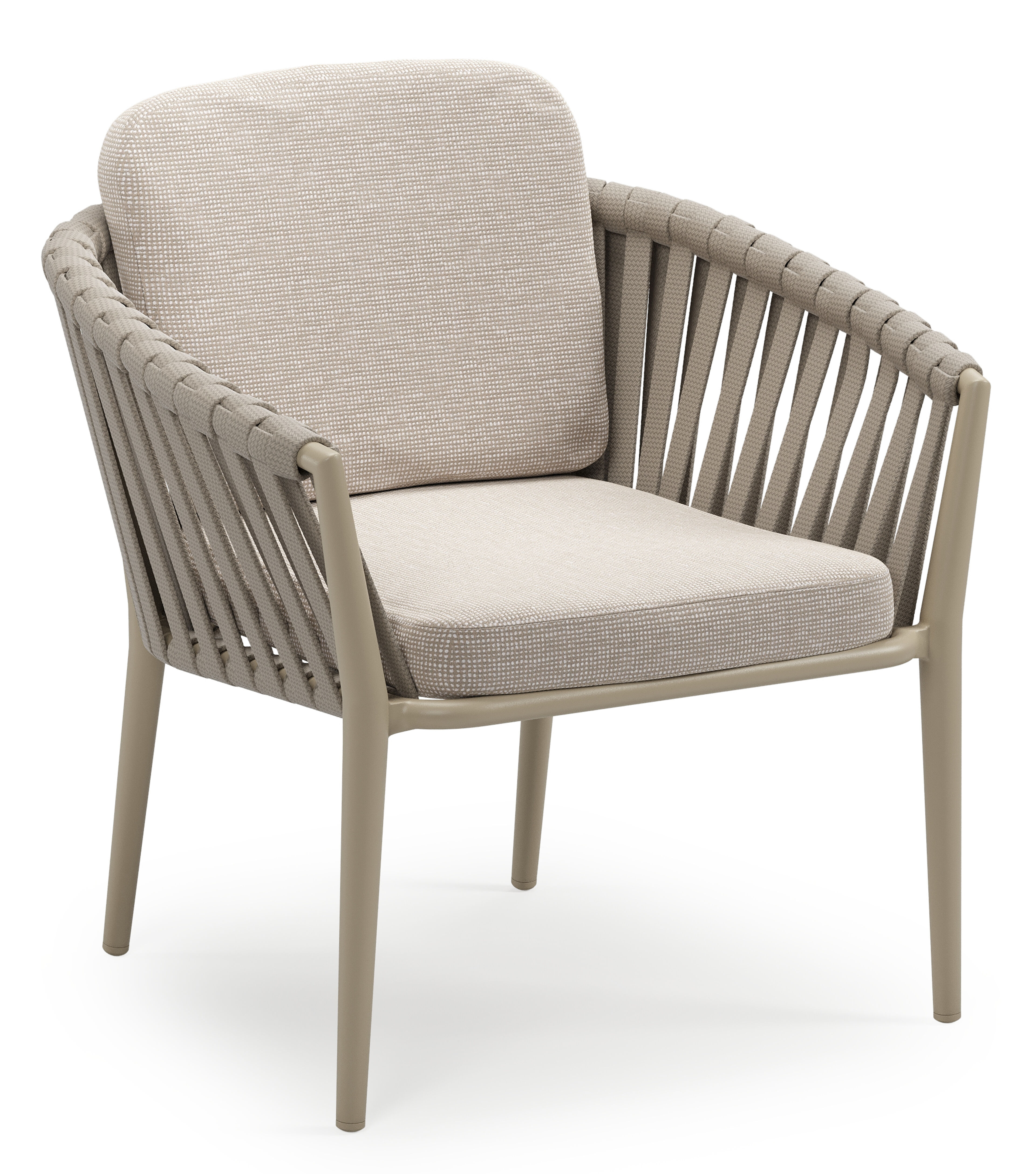 Orso tuinstoel low dining in beige aluminium en beige verticaal geweven luxe vlakke brede rope met stoelkussen in All Weather Sunbrella® Luxe Slow Farafra