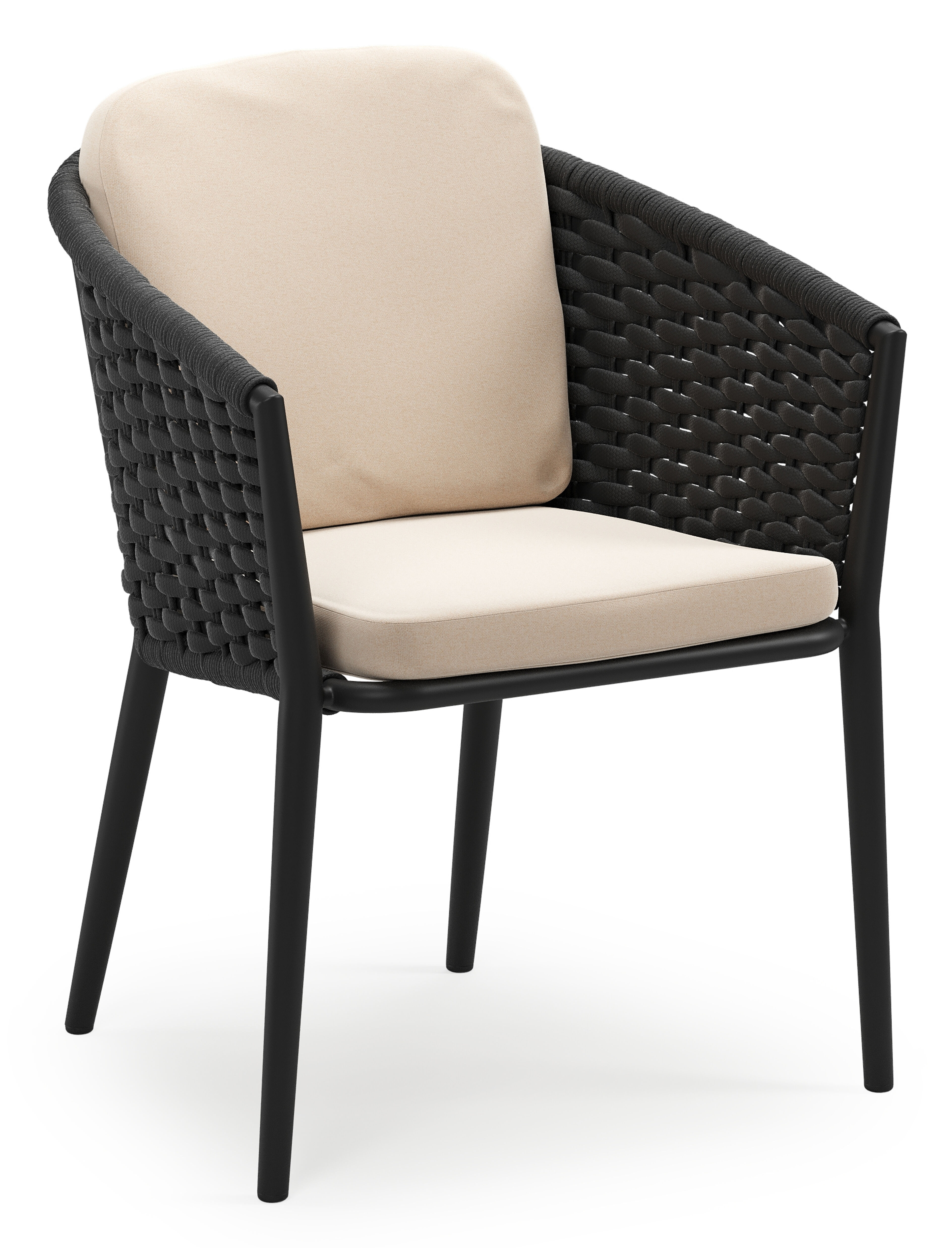Orso stapelbare tuinstoel in zwart aluminium en zwart horizontaal geweven ronde rope met stoelkussen in All Weather Sunbrella® Luxe Natte Linen Chalk