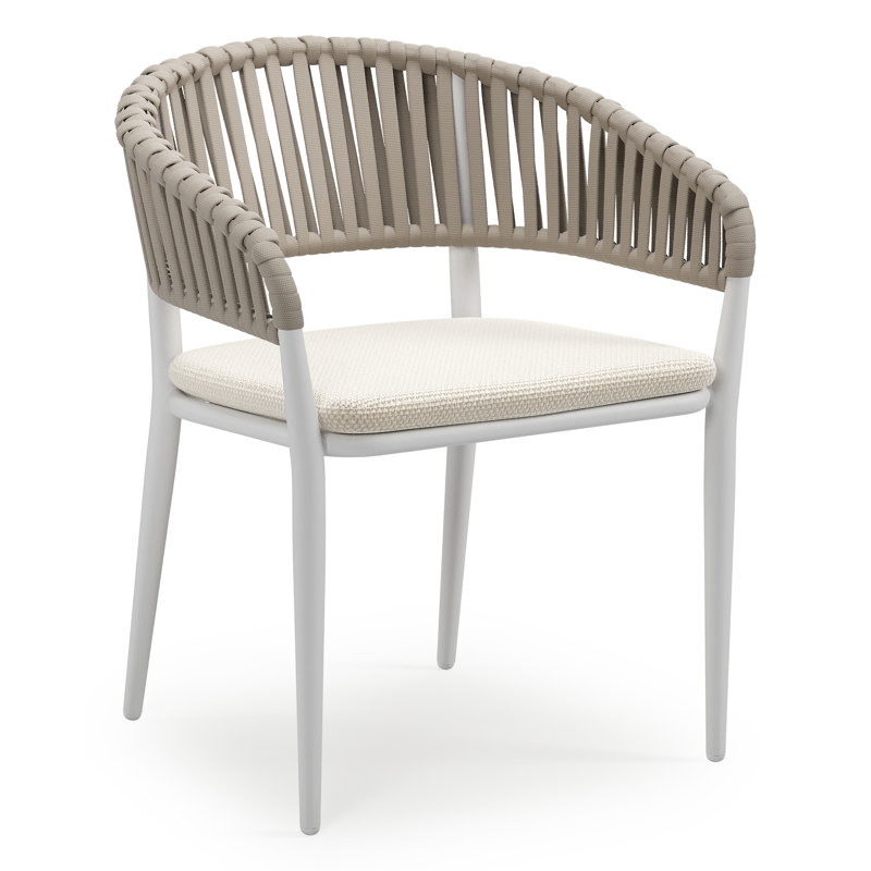 Tolfa stapelbare tuinstoel in wit aluminium en beige verticaal geweven luxe vlakke brede rope met stoelkussen in All Weather Cosytica Althea Off White